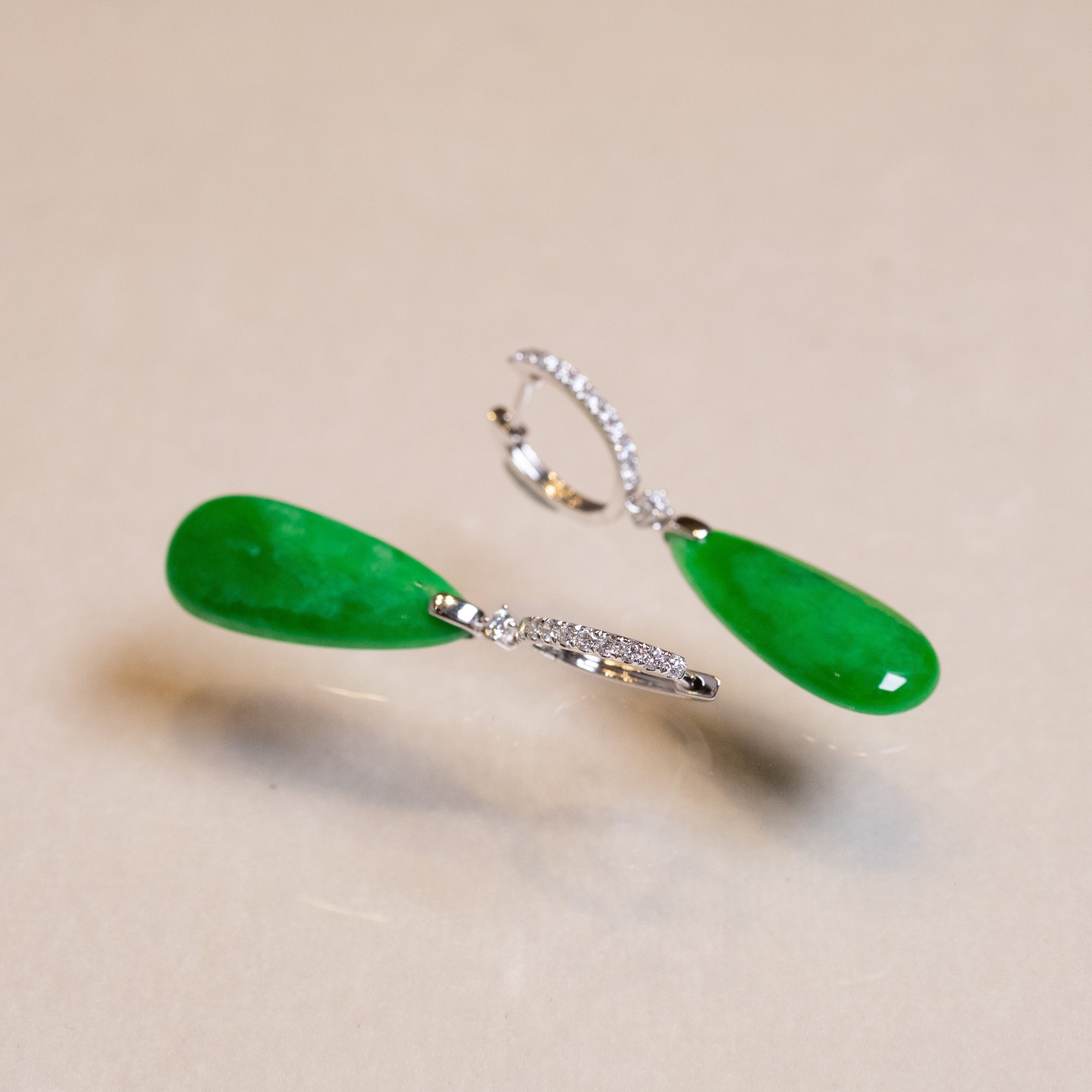 Imperial Green Pear-Shaped Drop Jade Earrings in 18k White Gold Diamonds