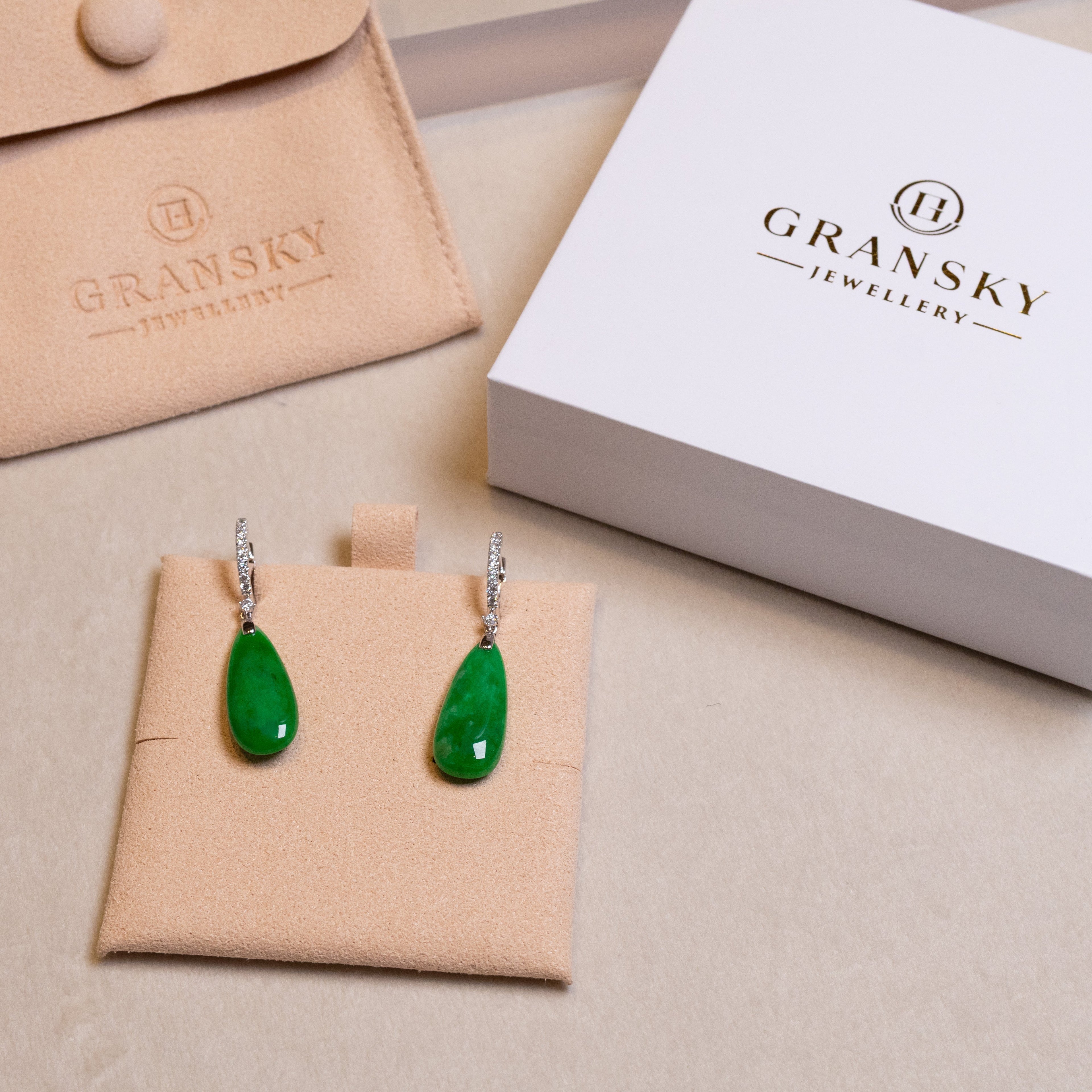 Imperial Green Pear-Shaped Drop Jade Earrings in 18k White Gold Diamonds