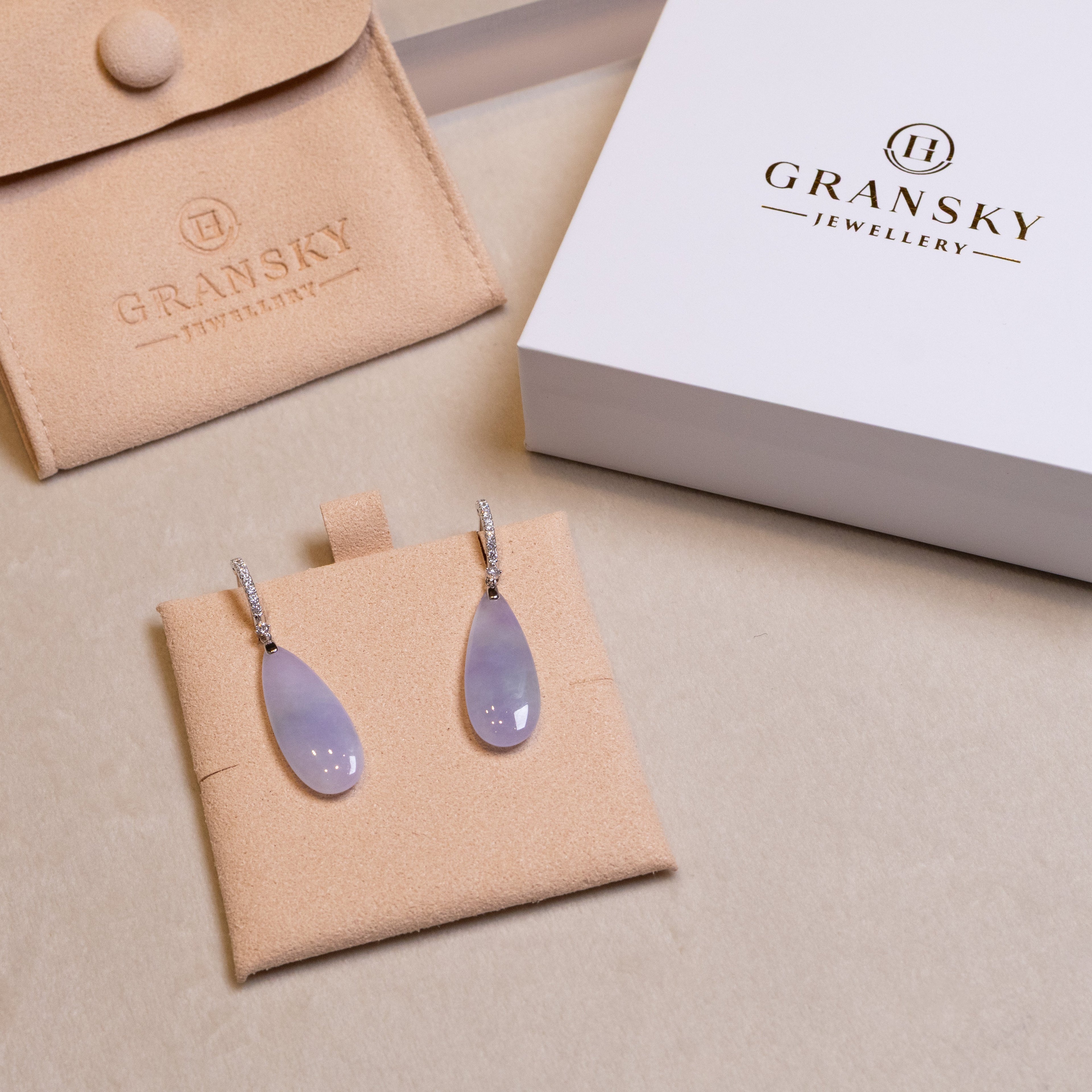 Purple Pear-Shaped Drop Jade Earrings in 18k White Gold Diamonds