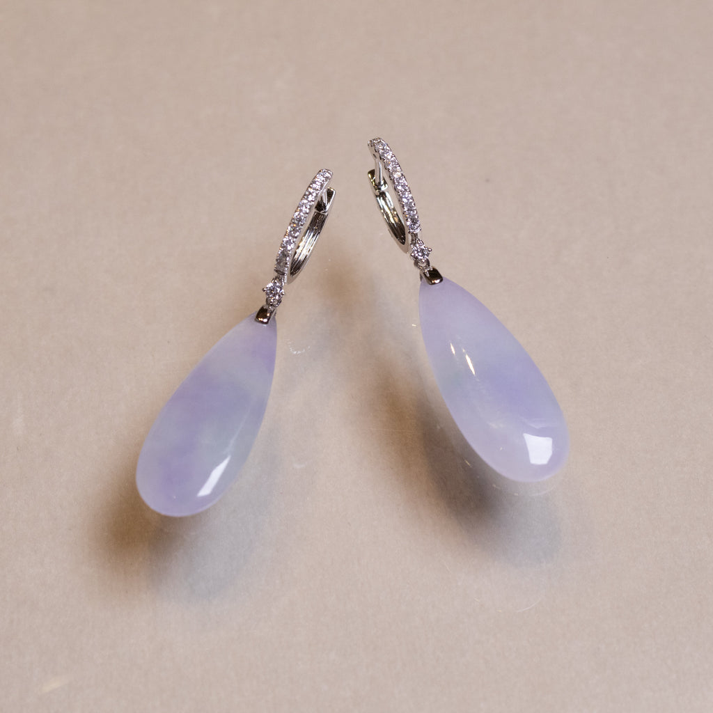 Purple Pear-Shaped Drop Jade Earrings in 18k White Gold Diamonds