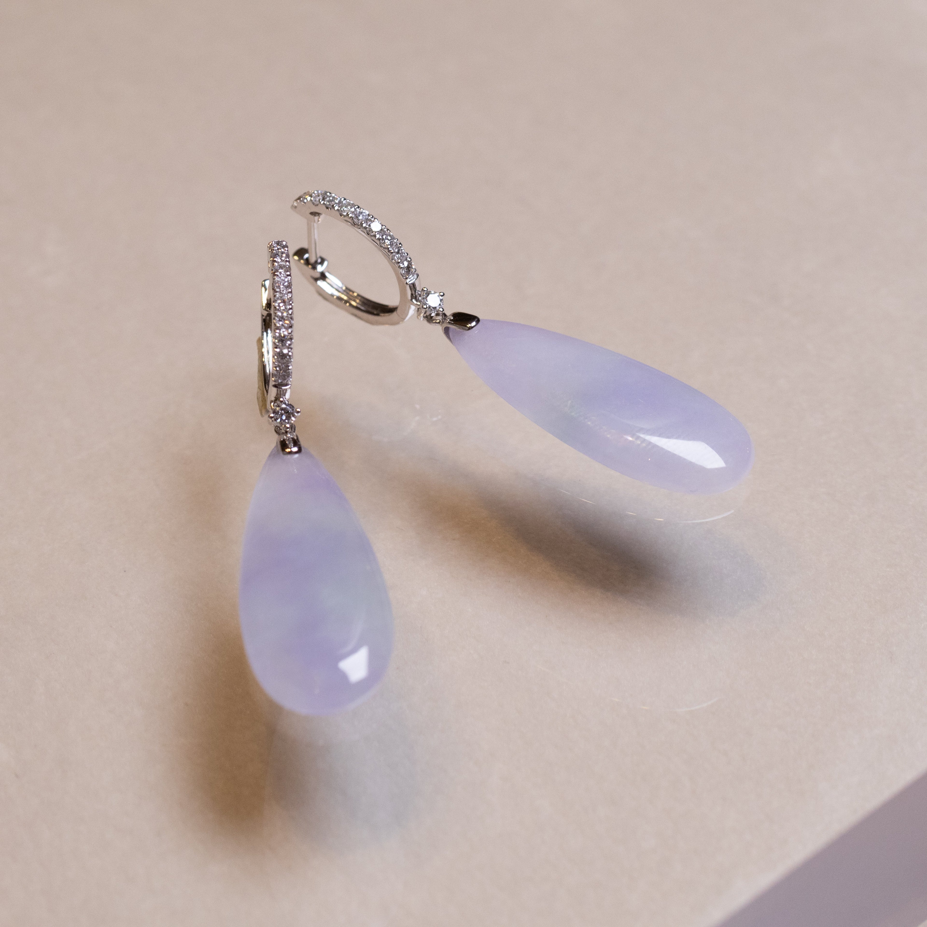 Purple Pear-Shaped Drop Jade Earrings in 18k White Gold Diamonds