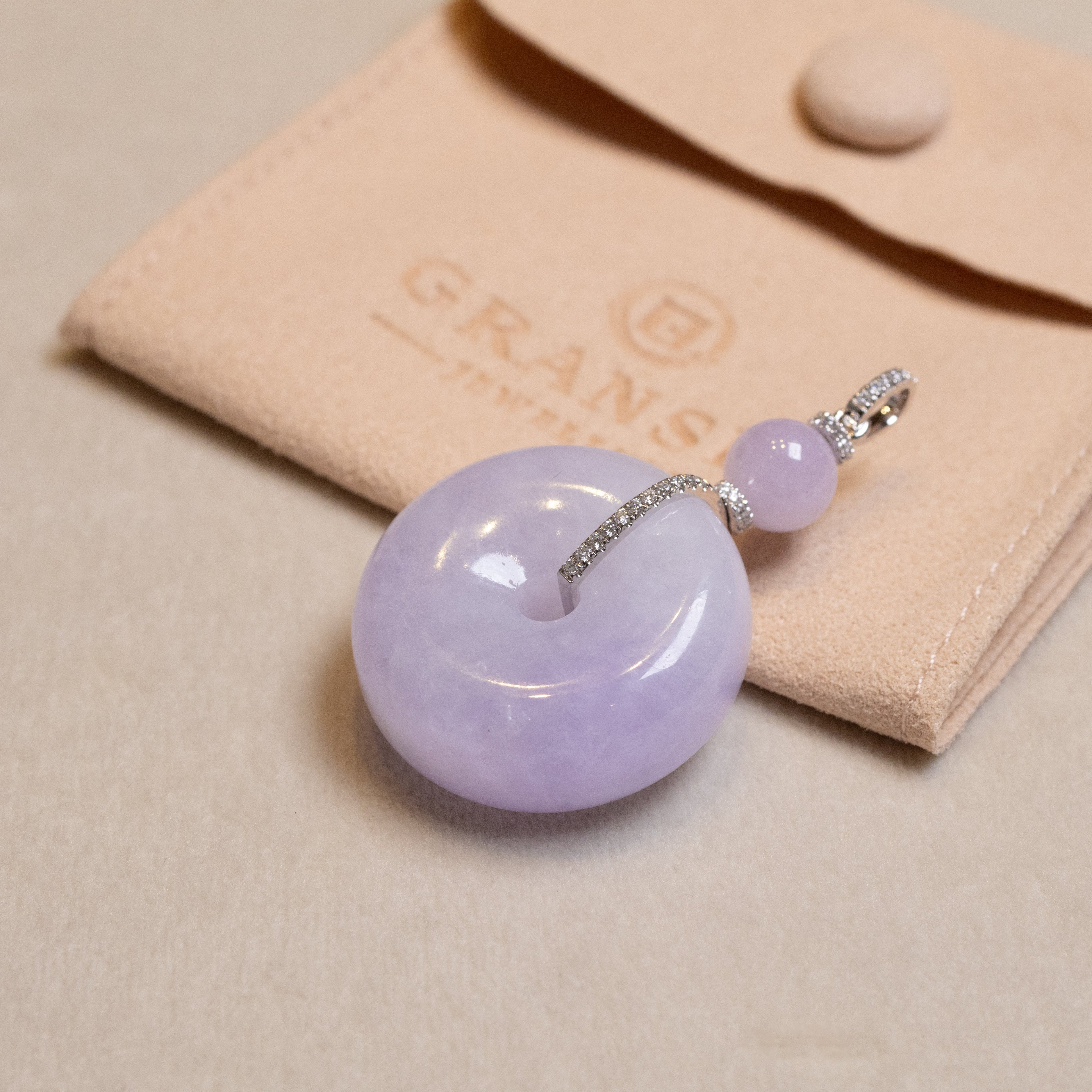 Natural Purple Jade Donut Pendant – 18K White Gold & Diamonds