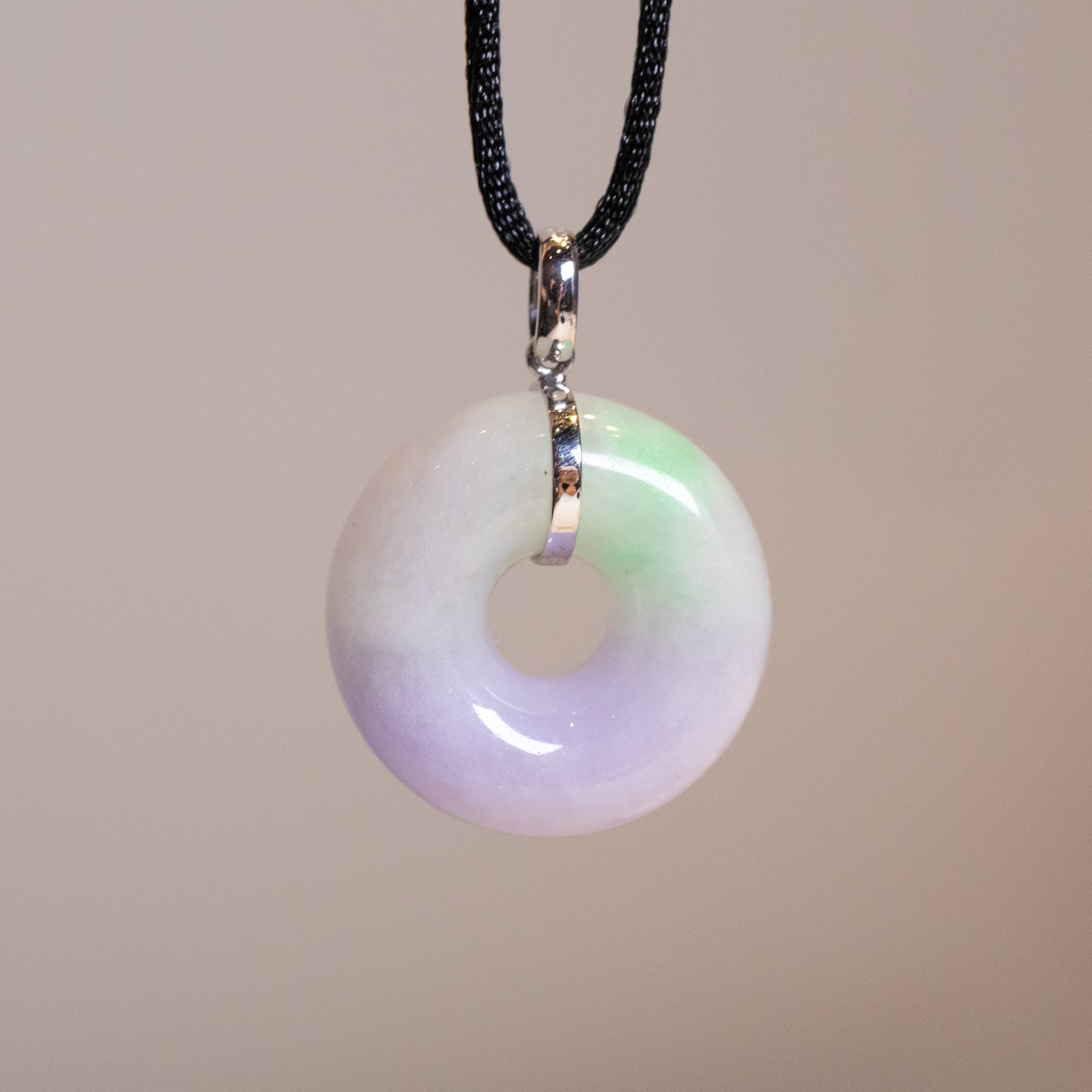 Natural Two-Tone Purple & Green Jade Donut Pendant – 18K White Gold