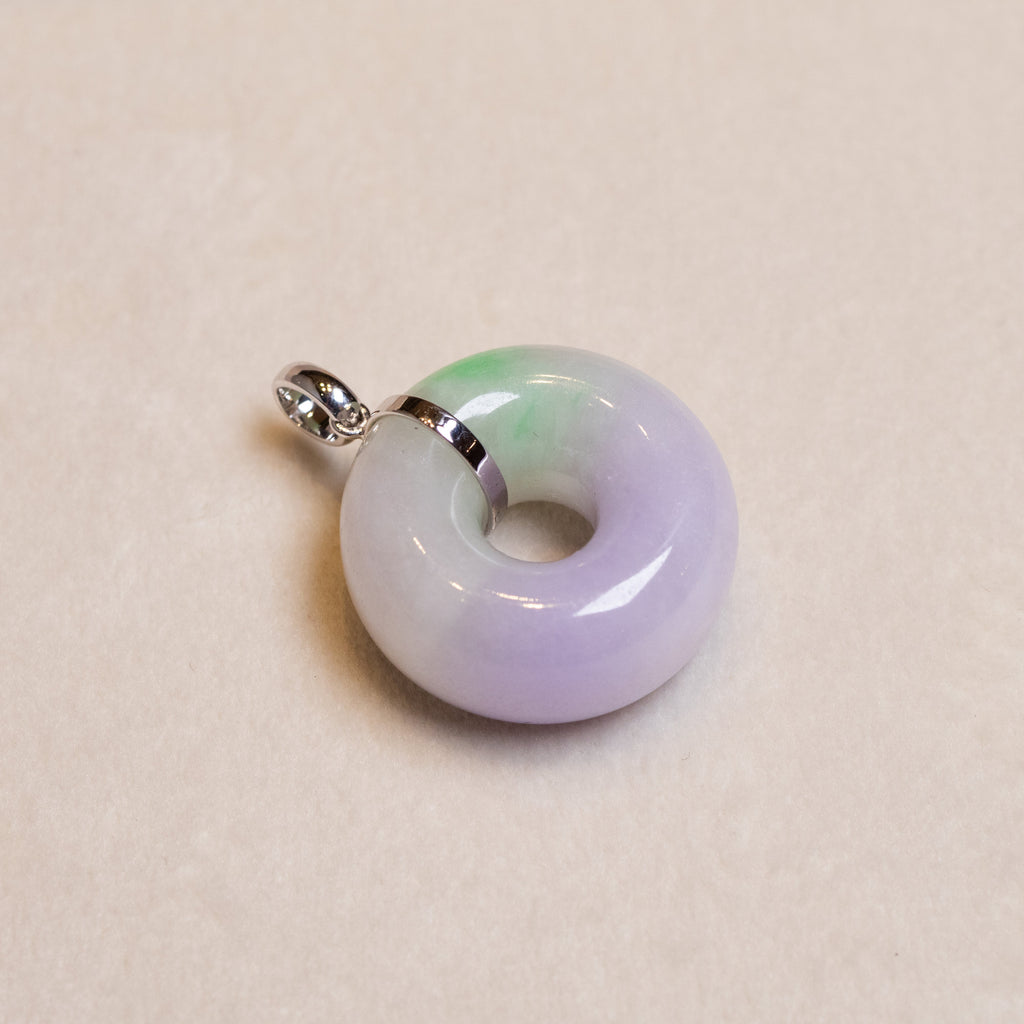 Natural Two-Tone Purple & Green Jade Donut Pendant – 18K White Gold