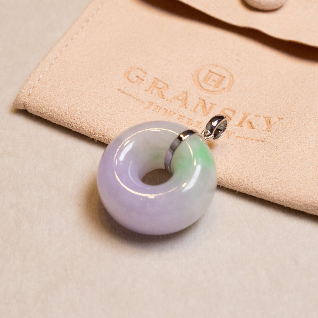 Natural Two-Tone Purple & Green Jade Donut Pendant – 18K White Gold