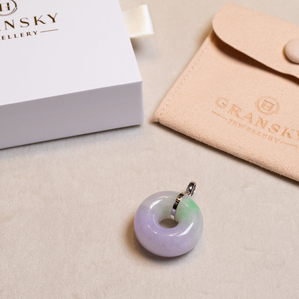 Natural Two-Tone Purple & Green Jade Donut Pendant – 18K White Gold