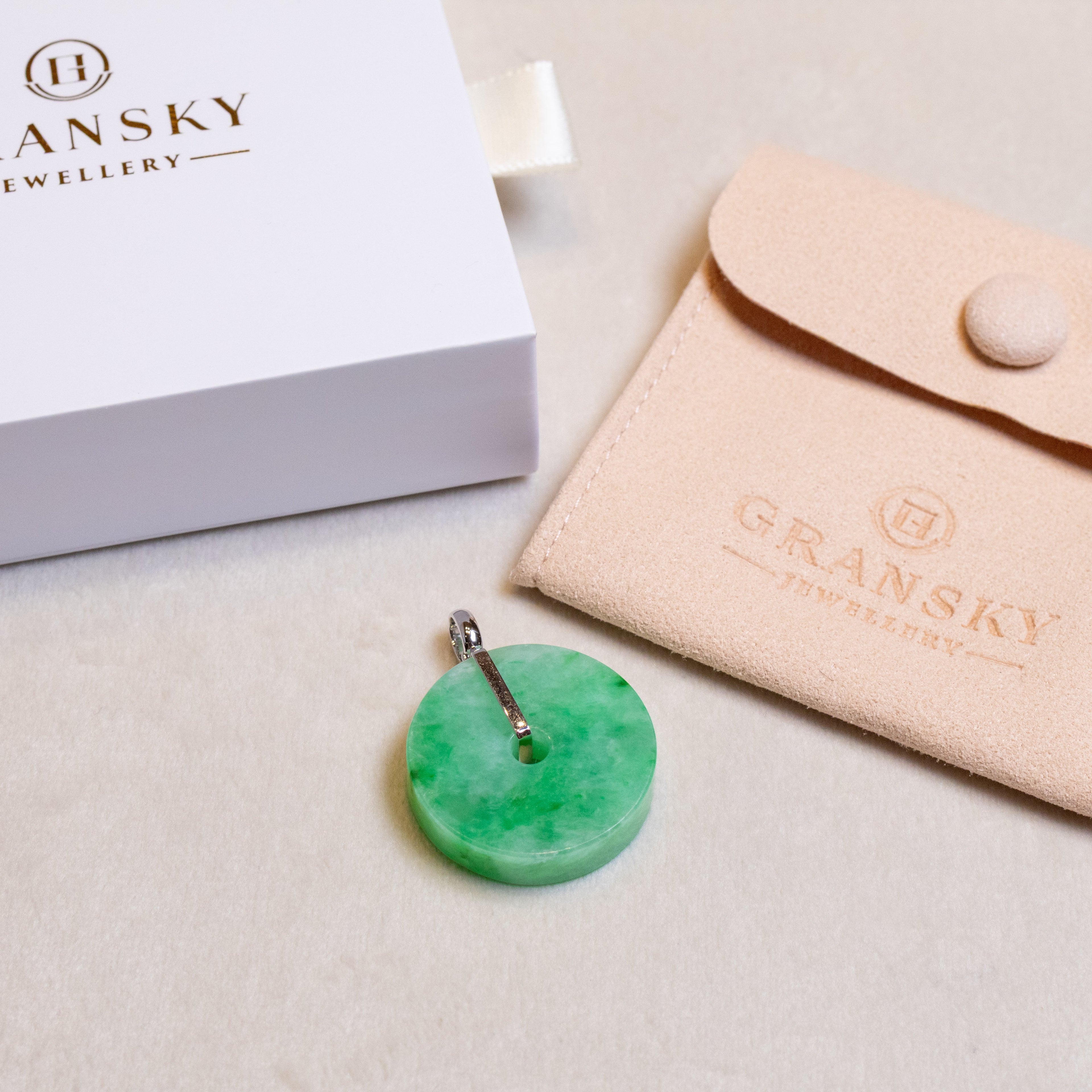 33mm Natural Apple Green Jade Donut Pendant – 18K White Gold Bail