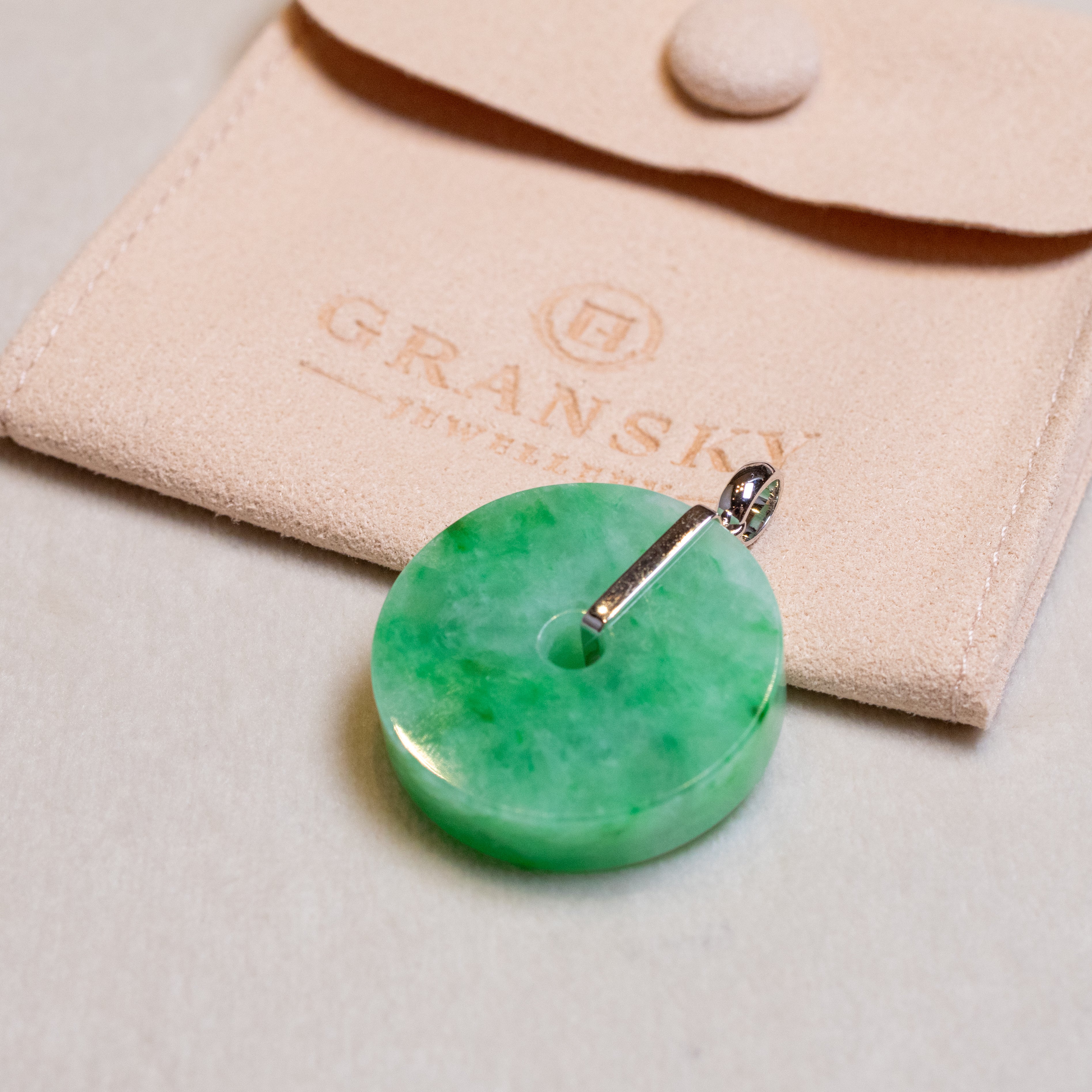 33mm Natural Apple Green Jade Donut Pendant – 18K White Gold Bail