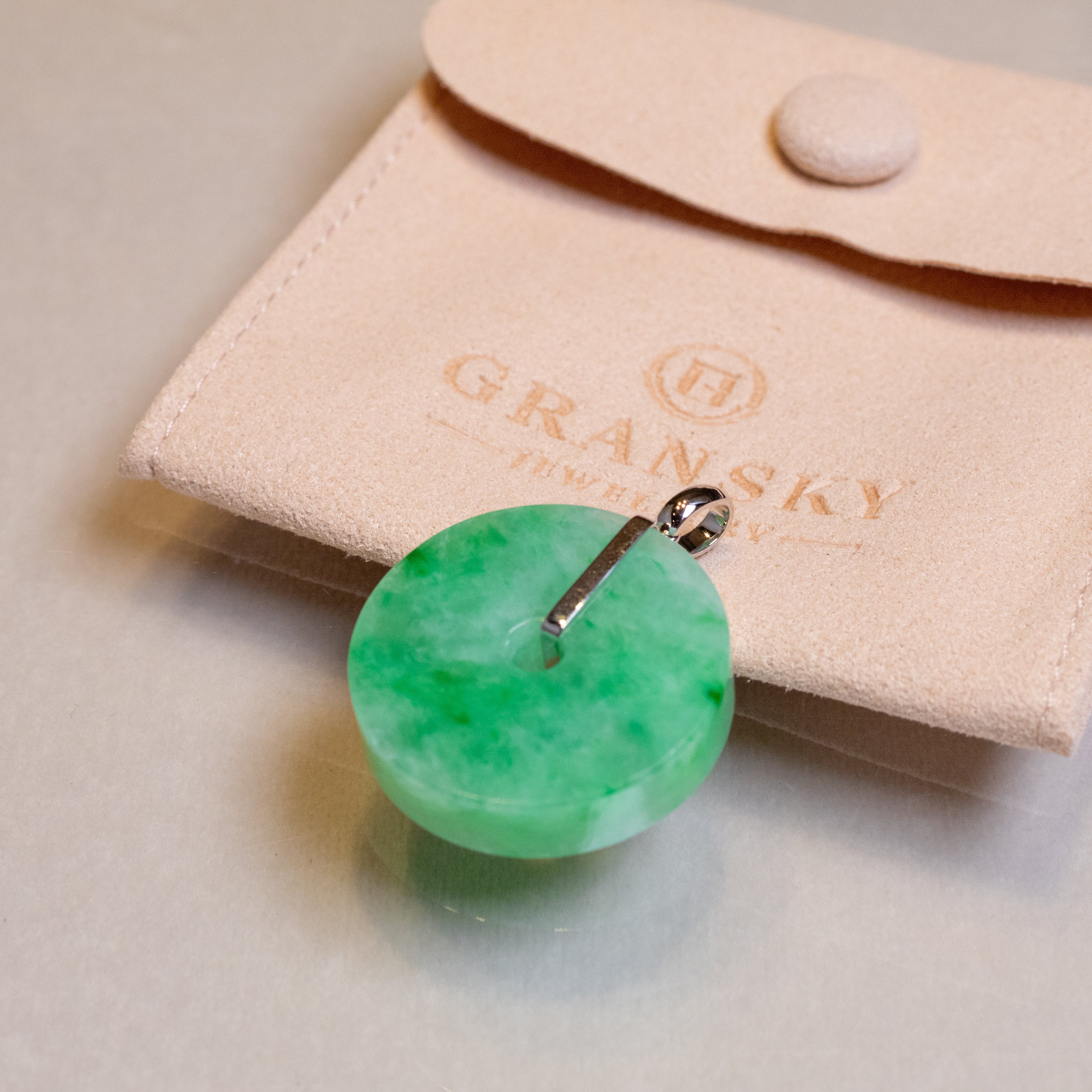 33mm Natural Apple Green Jade Donut Pendant – 18K White Gold Bail