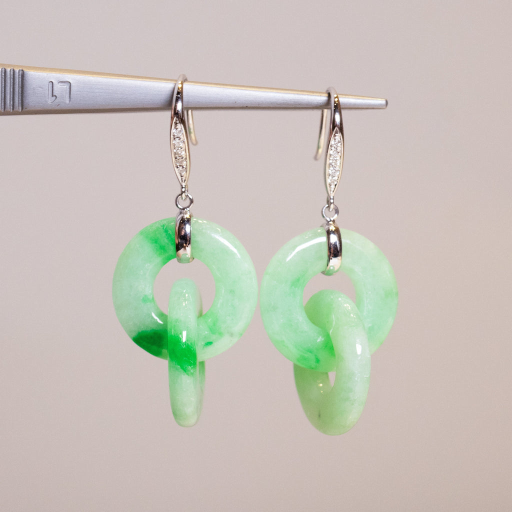 Double Hoop Apple Green Jade Drop Earrings in 18K White Gold & Diamonds