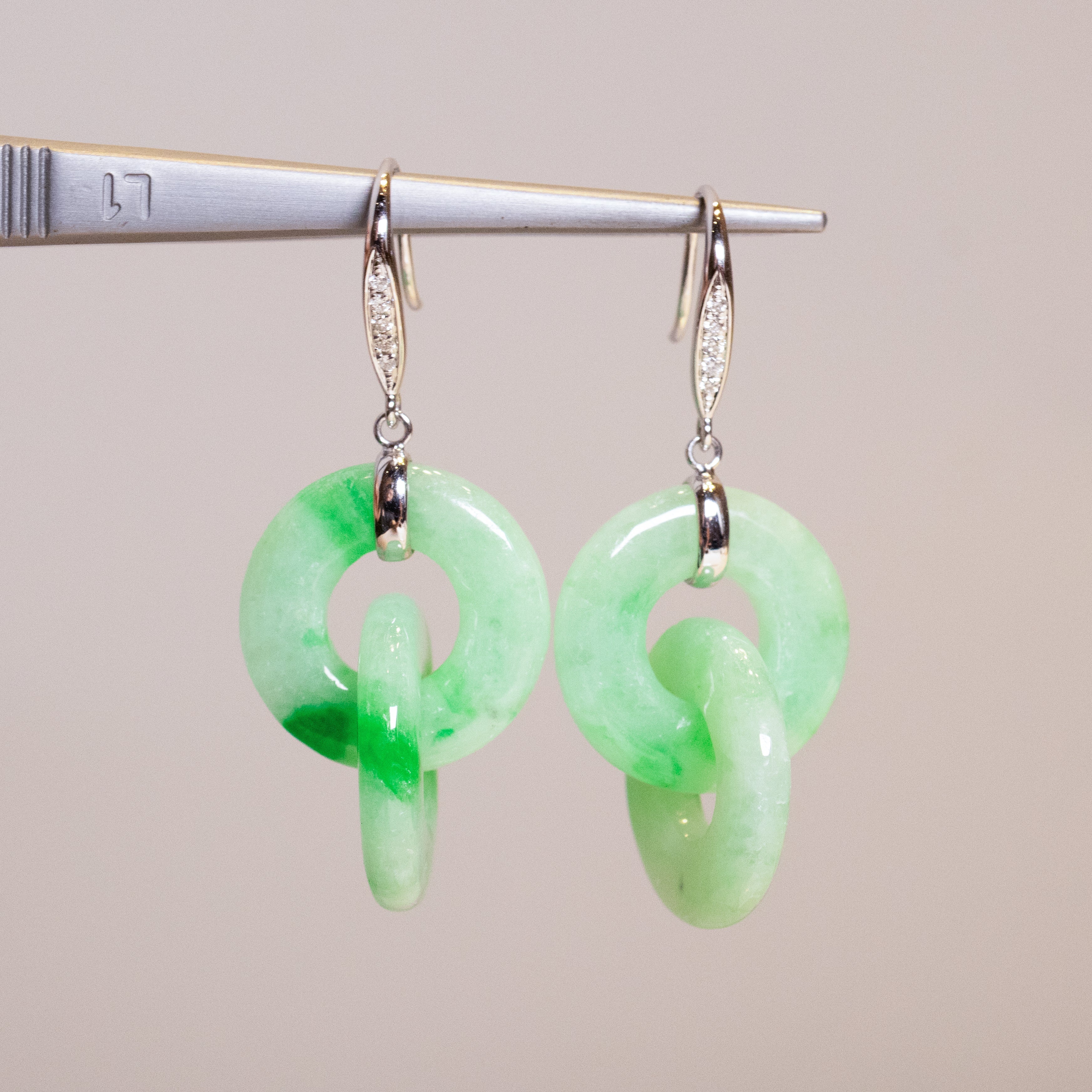 Double Hoop Apple Green Jade Drop Earrings in 18K White Gold & Diamonds