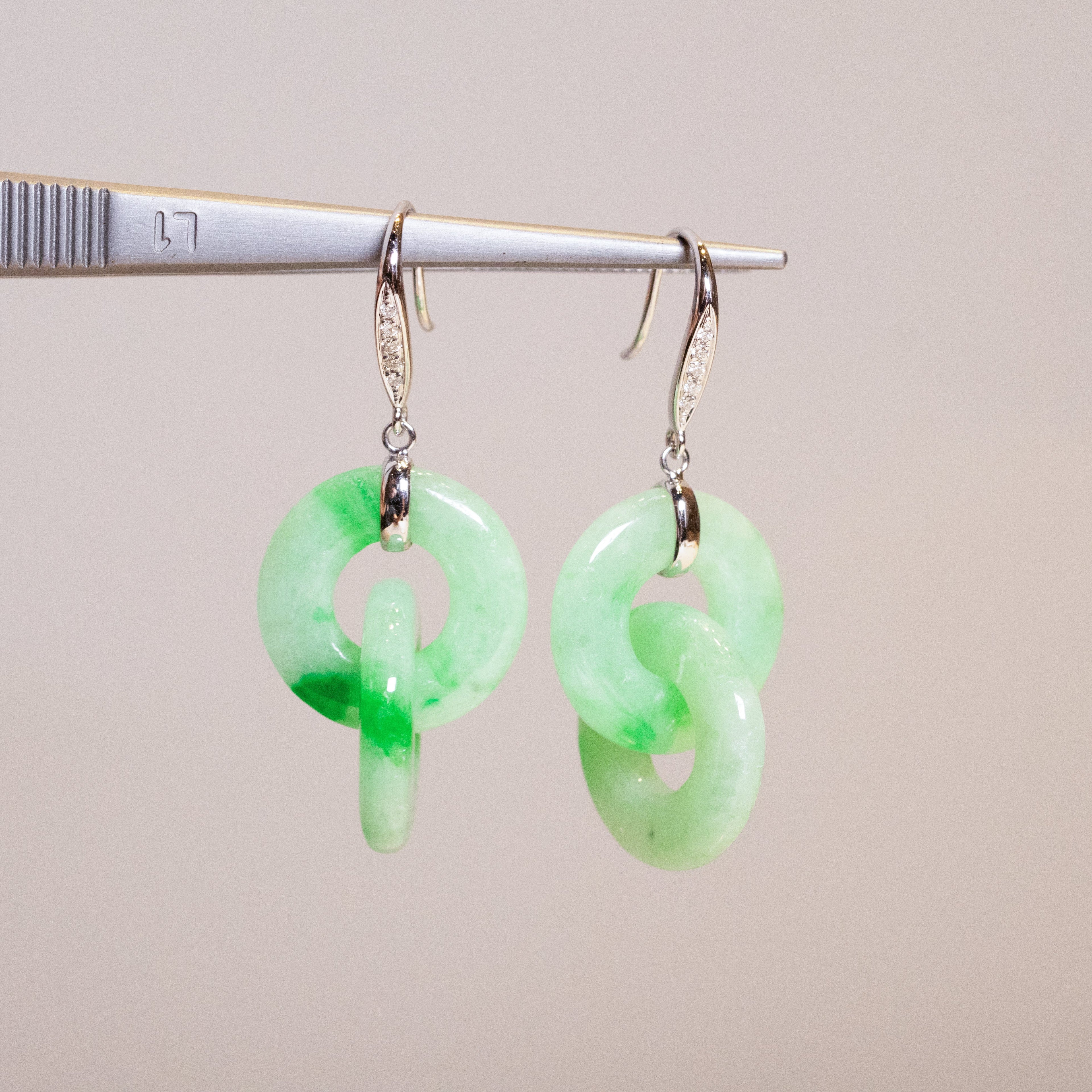 Double Hoop Apple Green Jade Drop Earrings in 18K White Gold & Diamonds