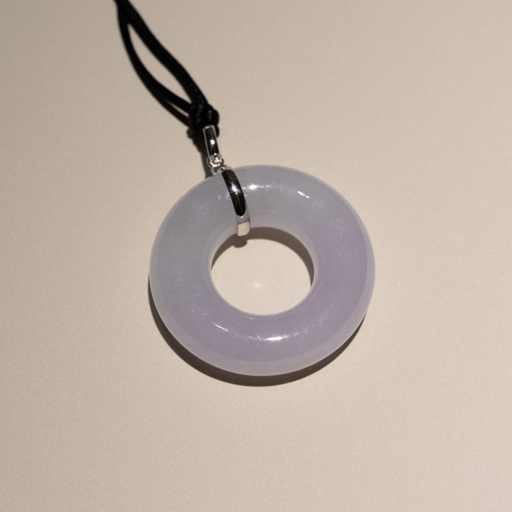 Delicate Purple Jade Round Donut Pendant 33mm 18k Gold Bail - Calming Gemstone