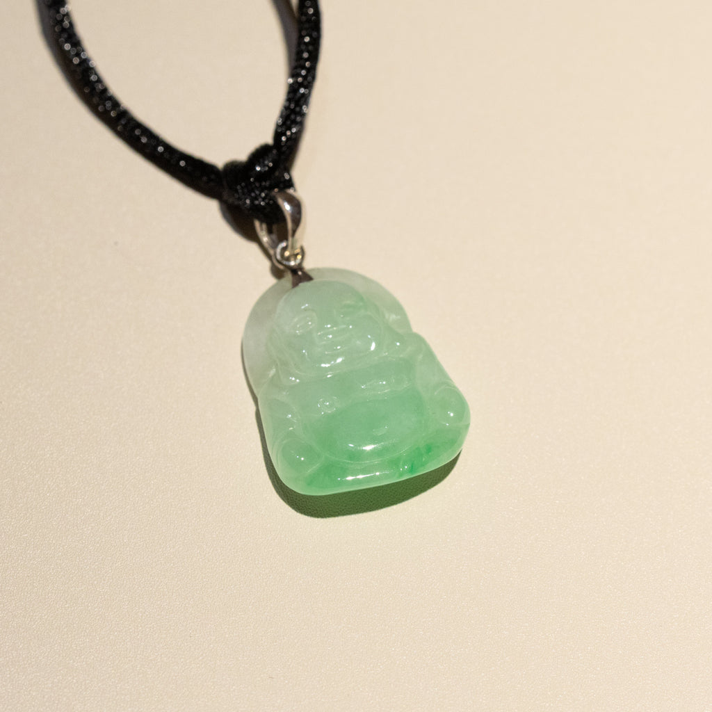 Green Jade Buddha Pendant with 18k Gold Bail - Symbol of Peace and Serenity