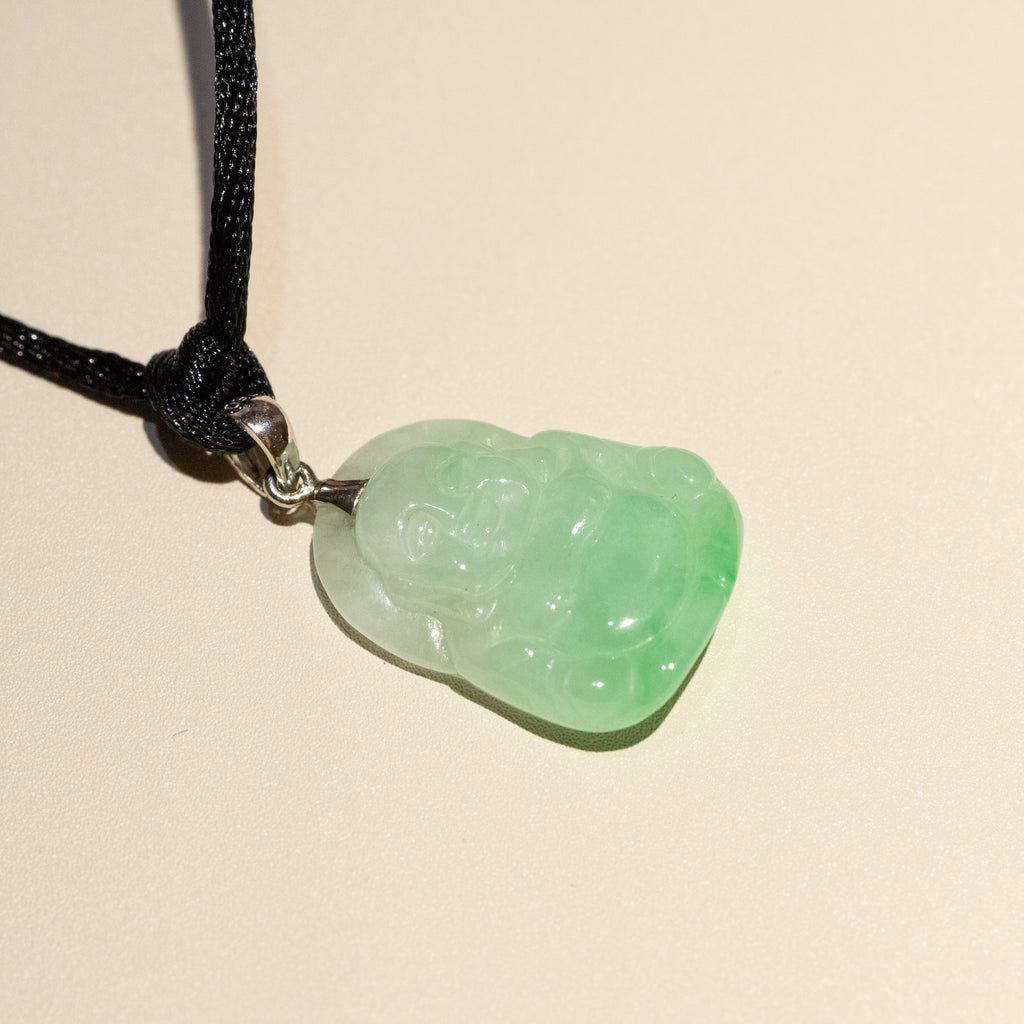 Green Jade Buddha Pendant with 18k Gold Bail - Symbol of Peace and Serenity