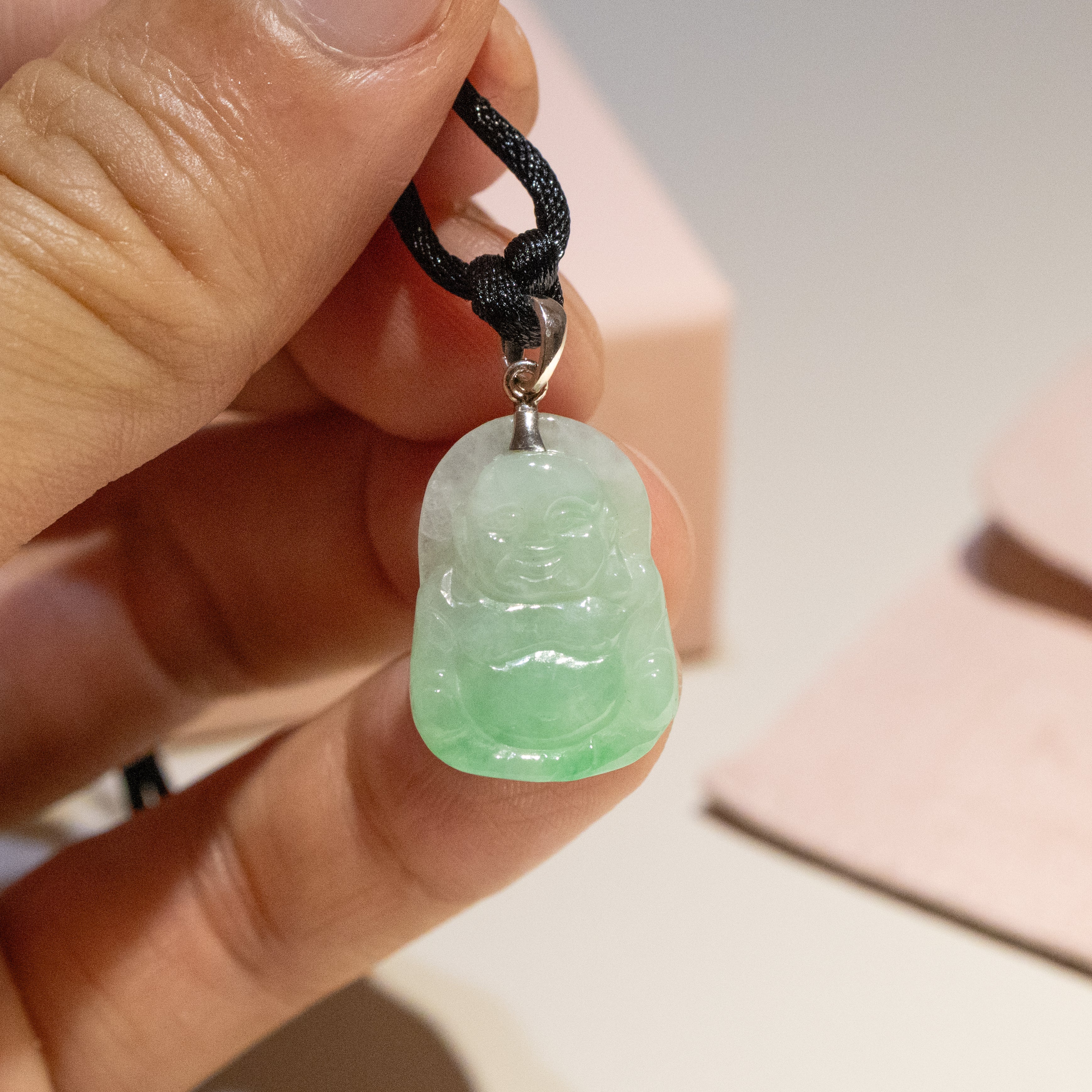 Green Jade Buddha Pendant with 18k Gold Bail - Symbol of Peace and Serenity