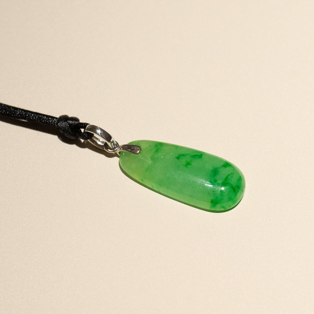 Imperial Green Teardrop Jade Pendant with 18K White Gold Bail