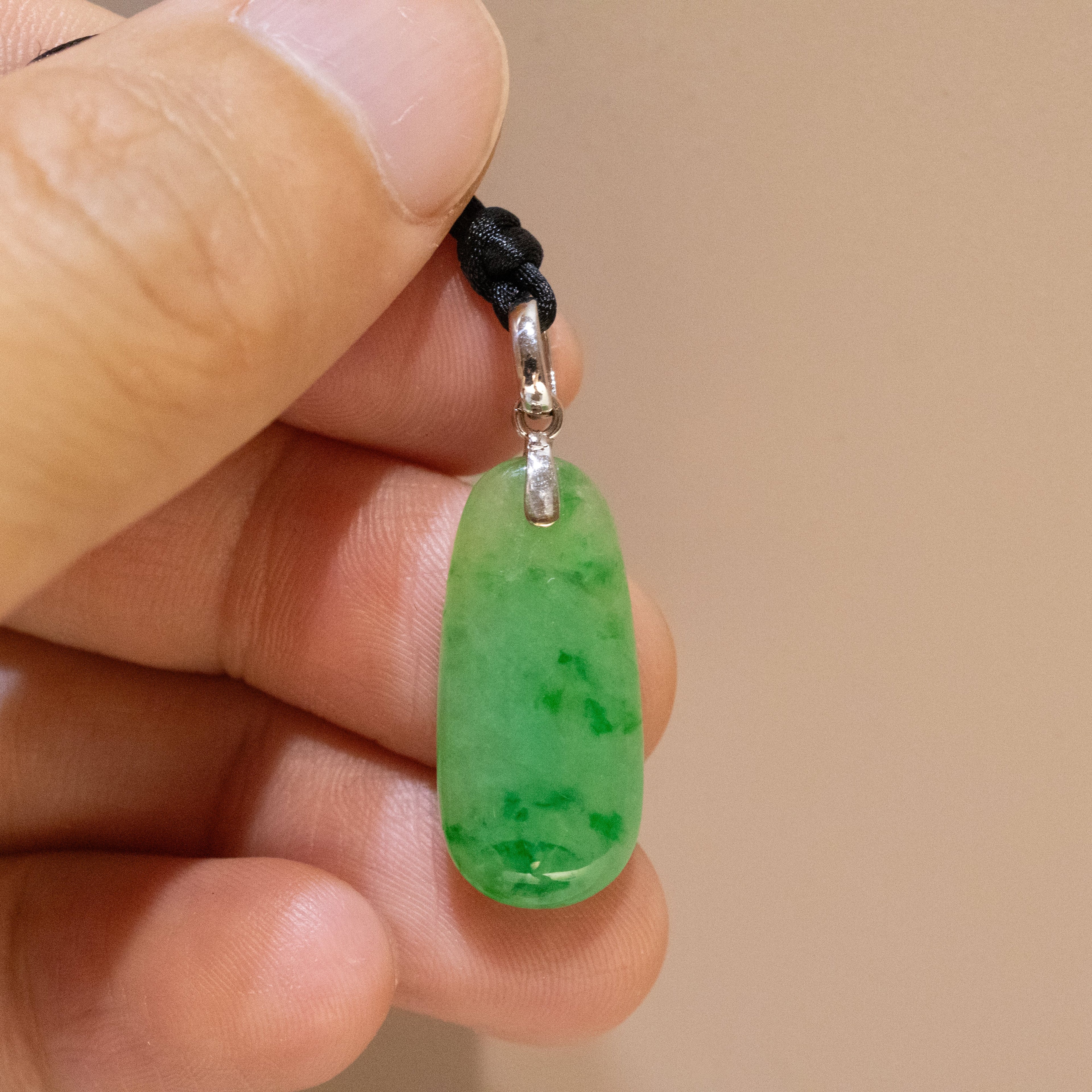 Imperial Green Teardrop Jade Pendant with 18K White Gold Bail