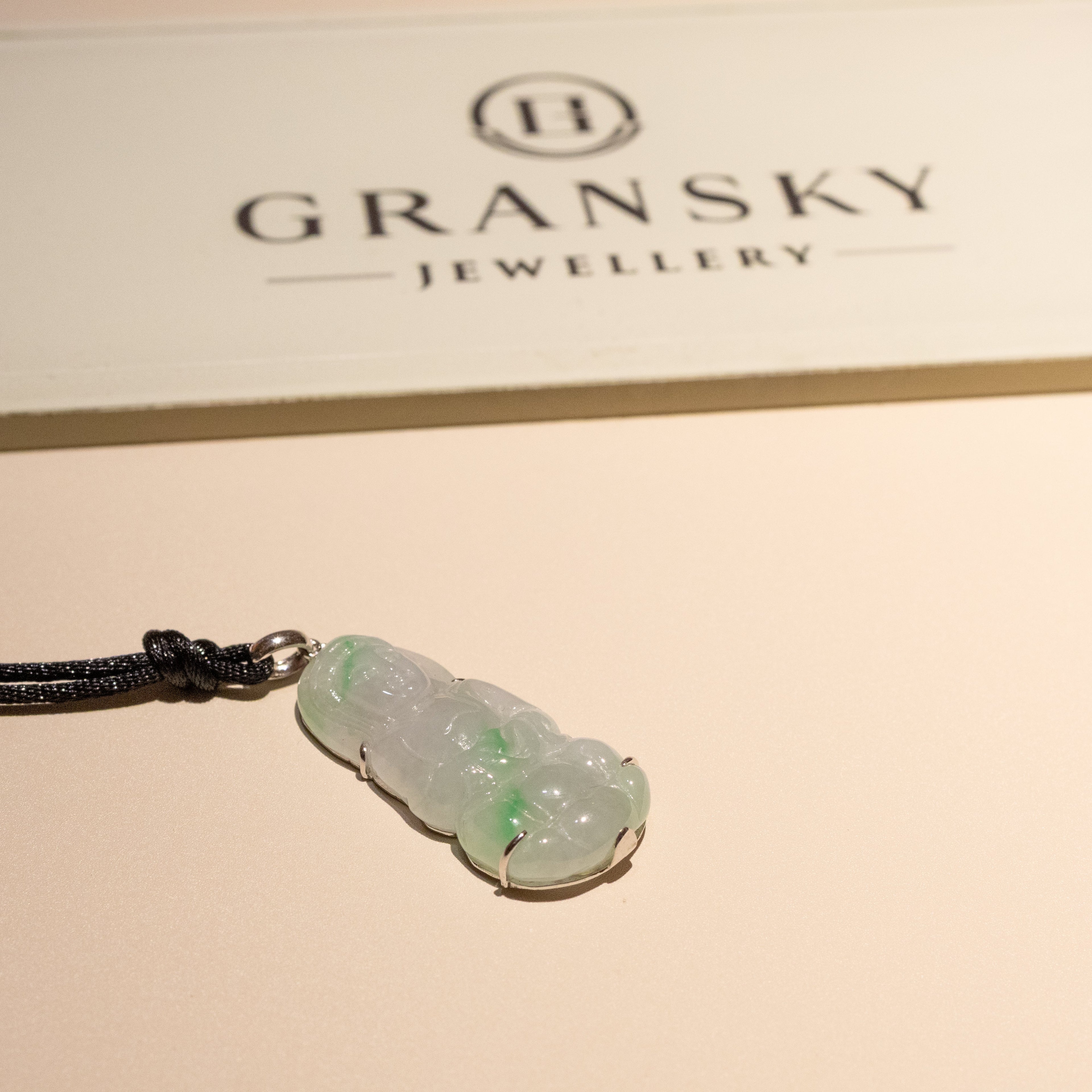 GuanYin Green Jade Pendant Necklace 18k White Gold Bail