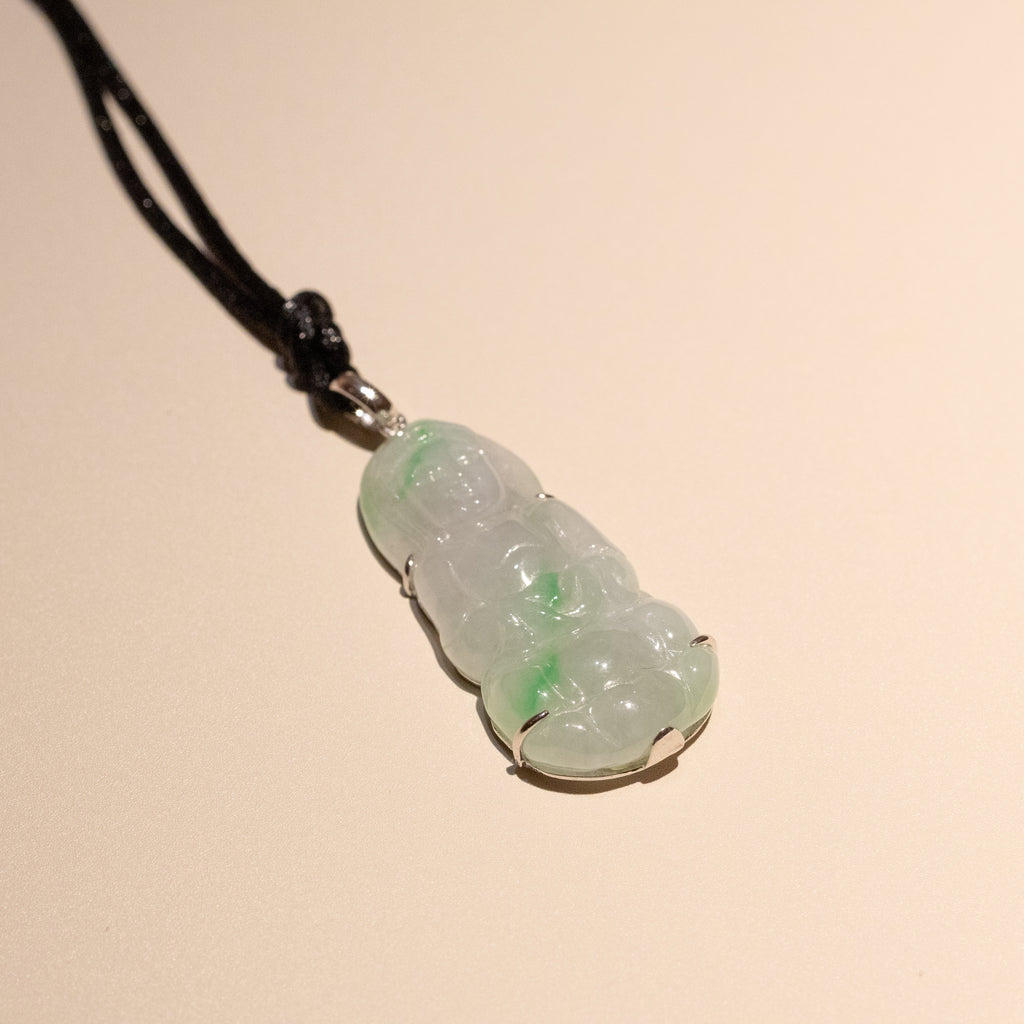 GuanYin Green Jade Pendant Necklace 18k White Gold Bail
