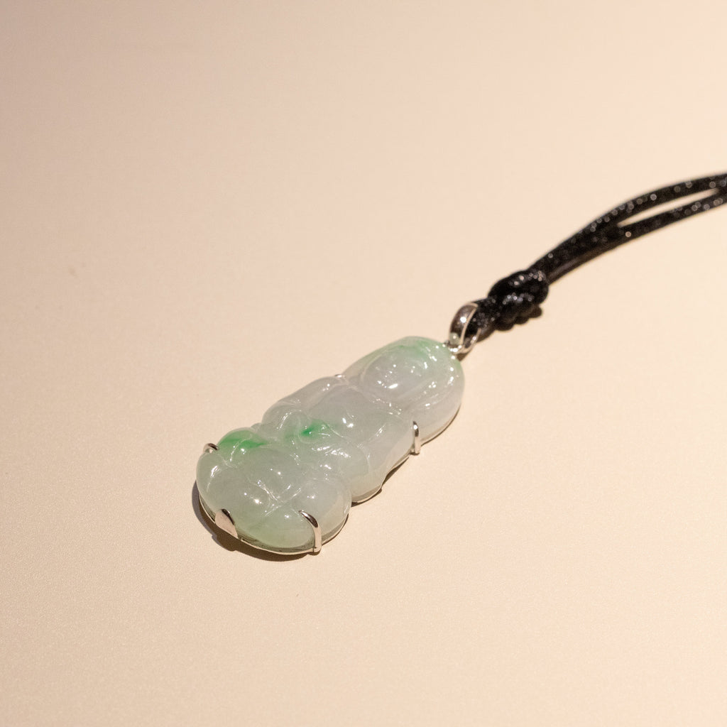 GuanYin Green Jade Pendant Necklace 18k White Gold Bail