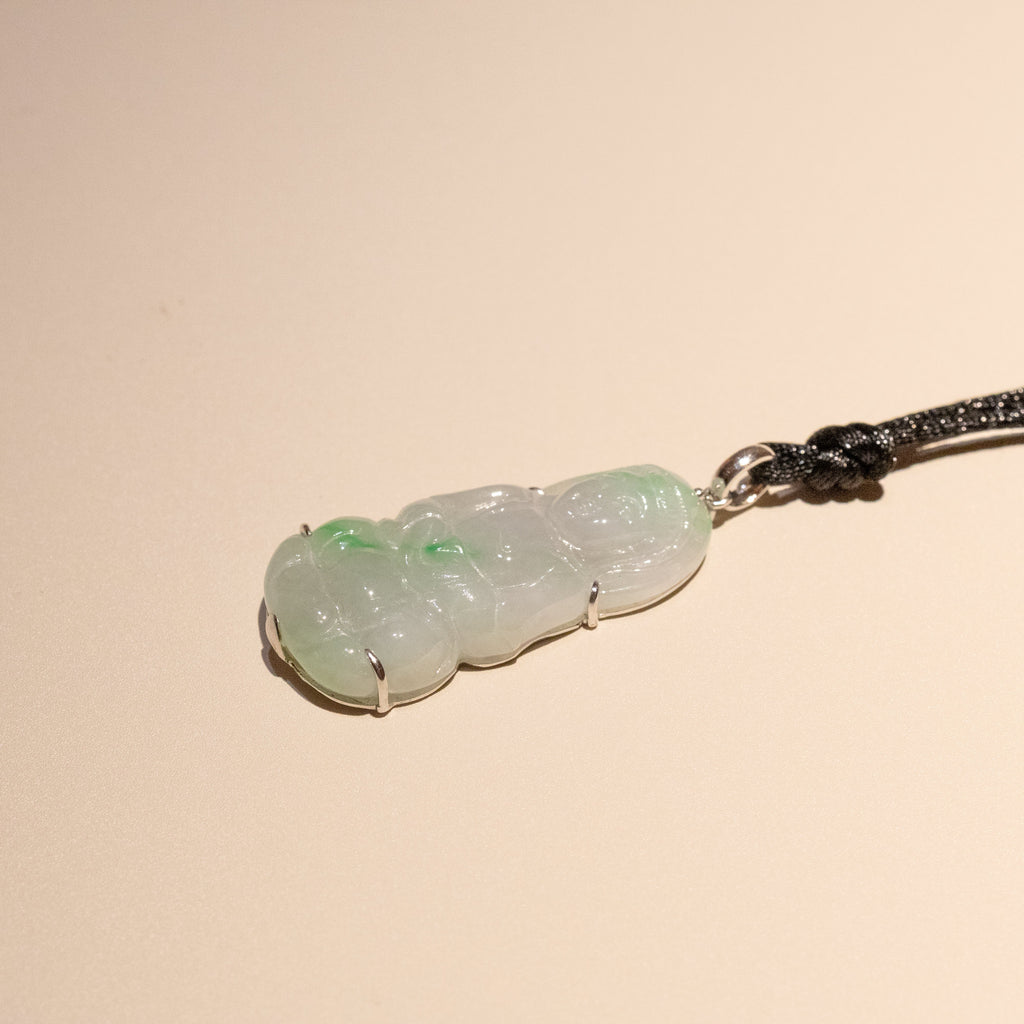 GuanYin Green Jade Pendant Necklace 18k White Gold Bail