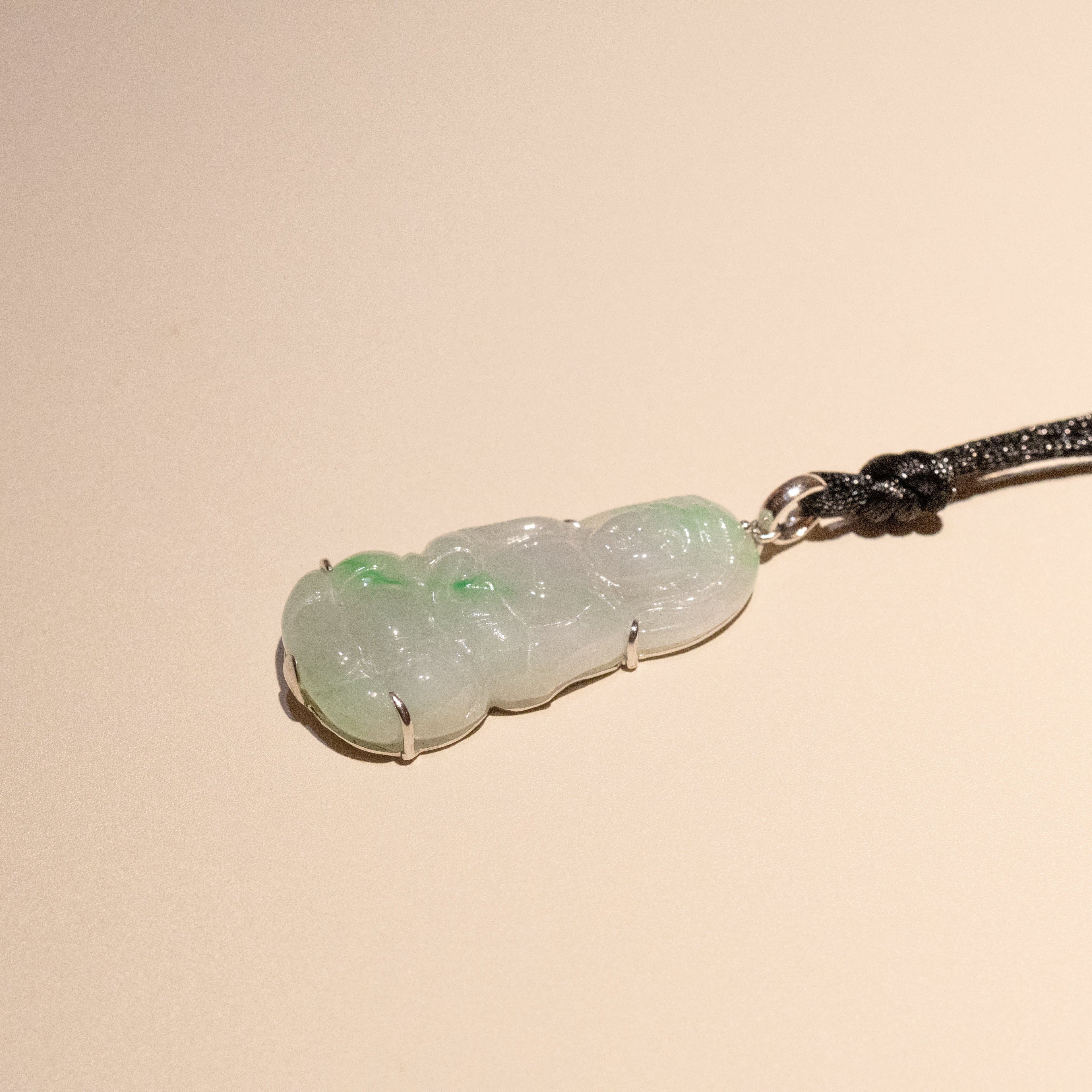 GuanYin Green Jade Pendant Necklace 18k White Gold Bail