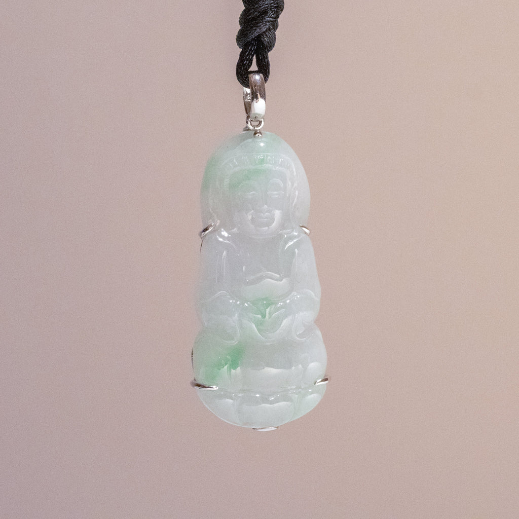 GuanYin Green Jade Pendant Necklace 18k White Gold Bail