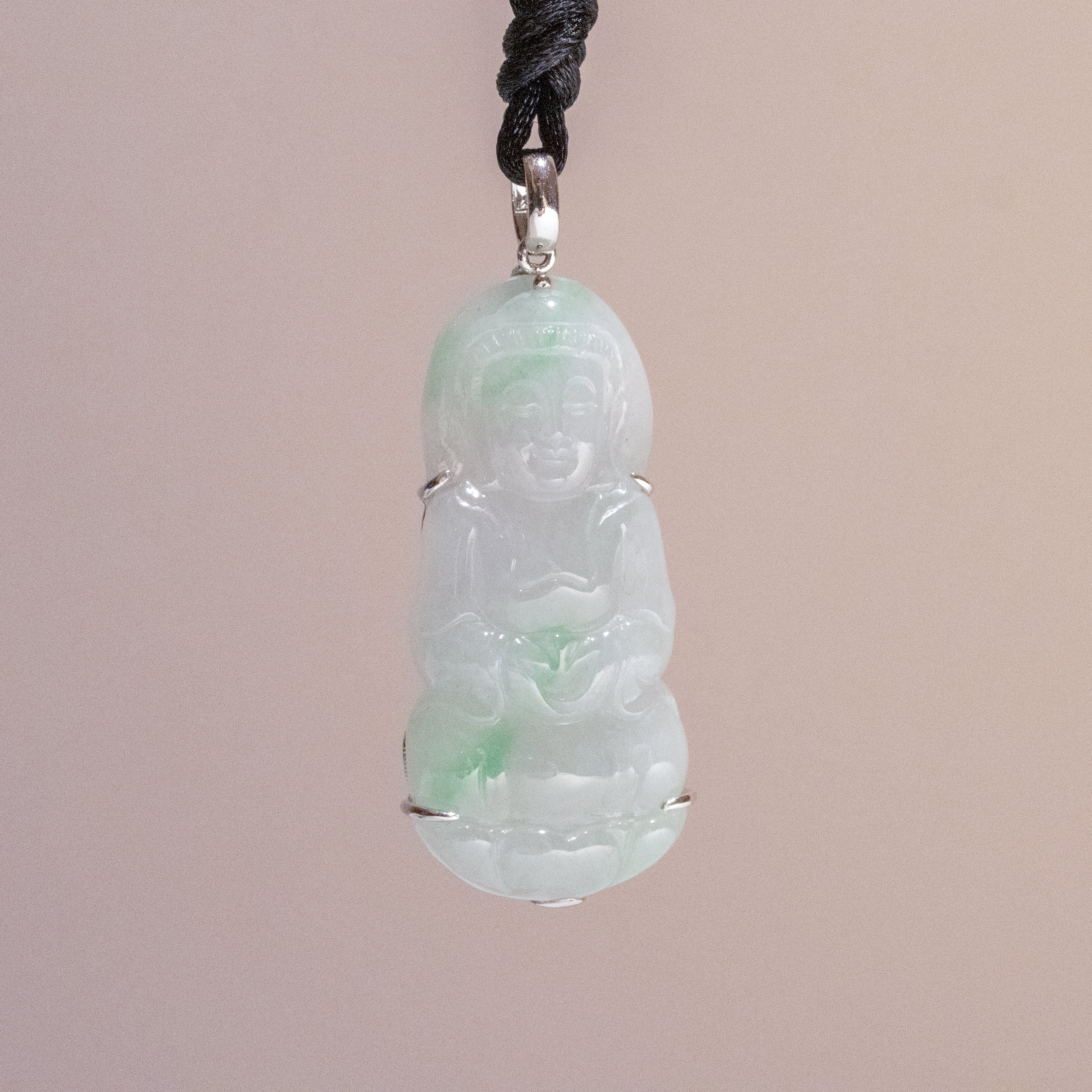 GuanYin Green Jade Pendant Necklace 18k White Gold Bail