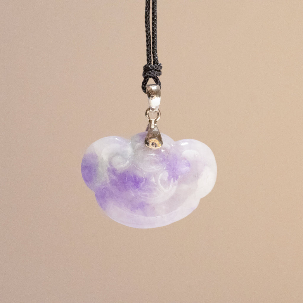 Handmade Carved Burmese Purple Ruyi Jade Pendant 18k Gold Bail