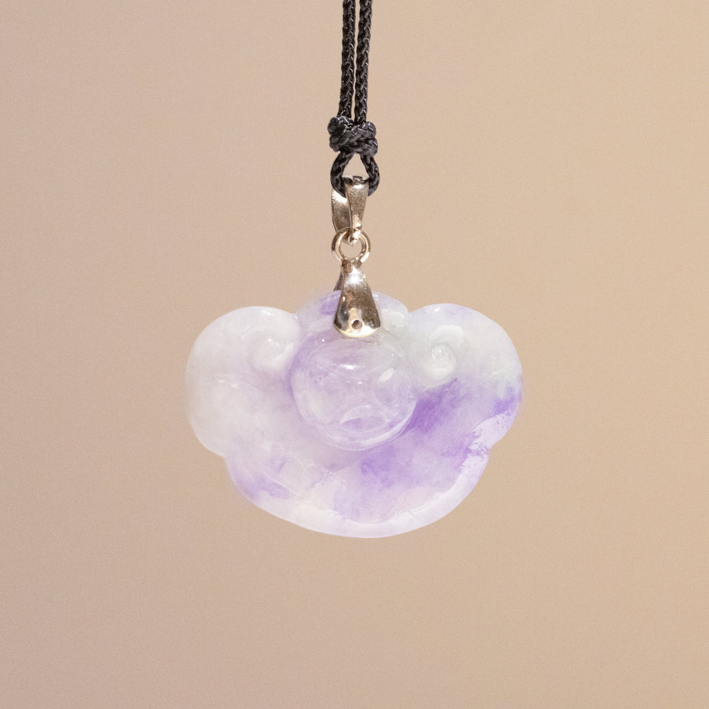 Handmade Carved Burmese Purple Ruyi Jade Pendant 18k Gold Bail