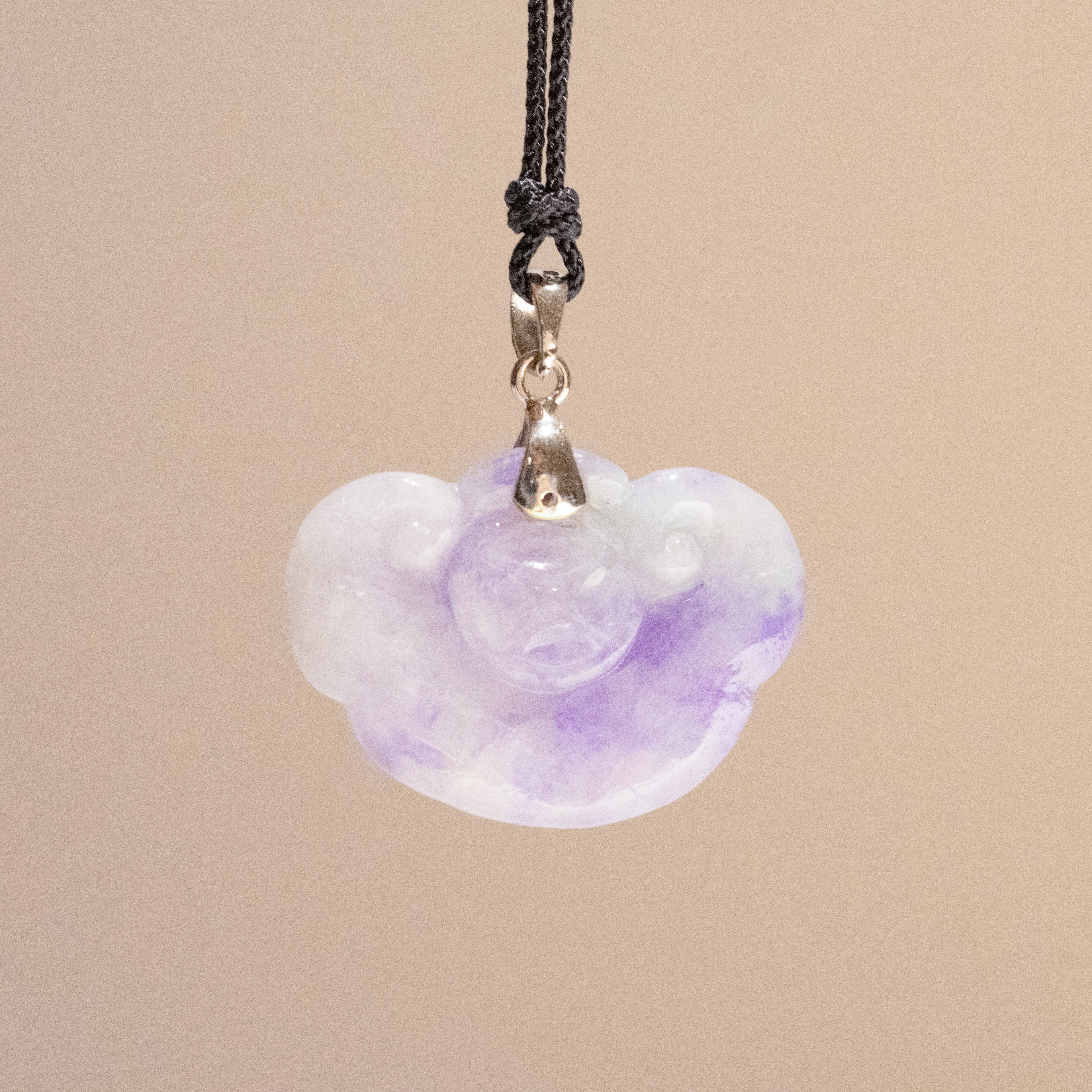 Handmade Carved Burmese Purple Ruyi Jade Pendant 18k Gold Bail