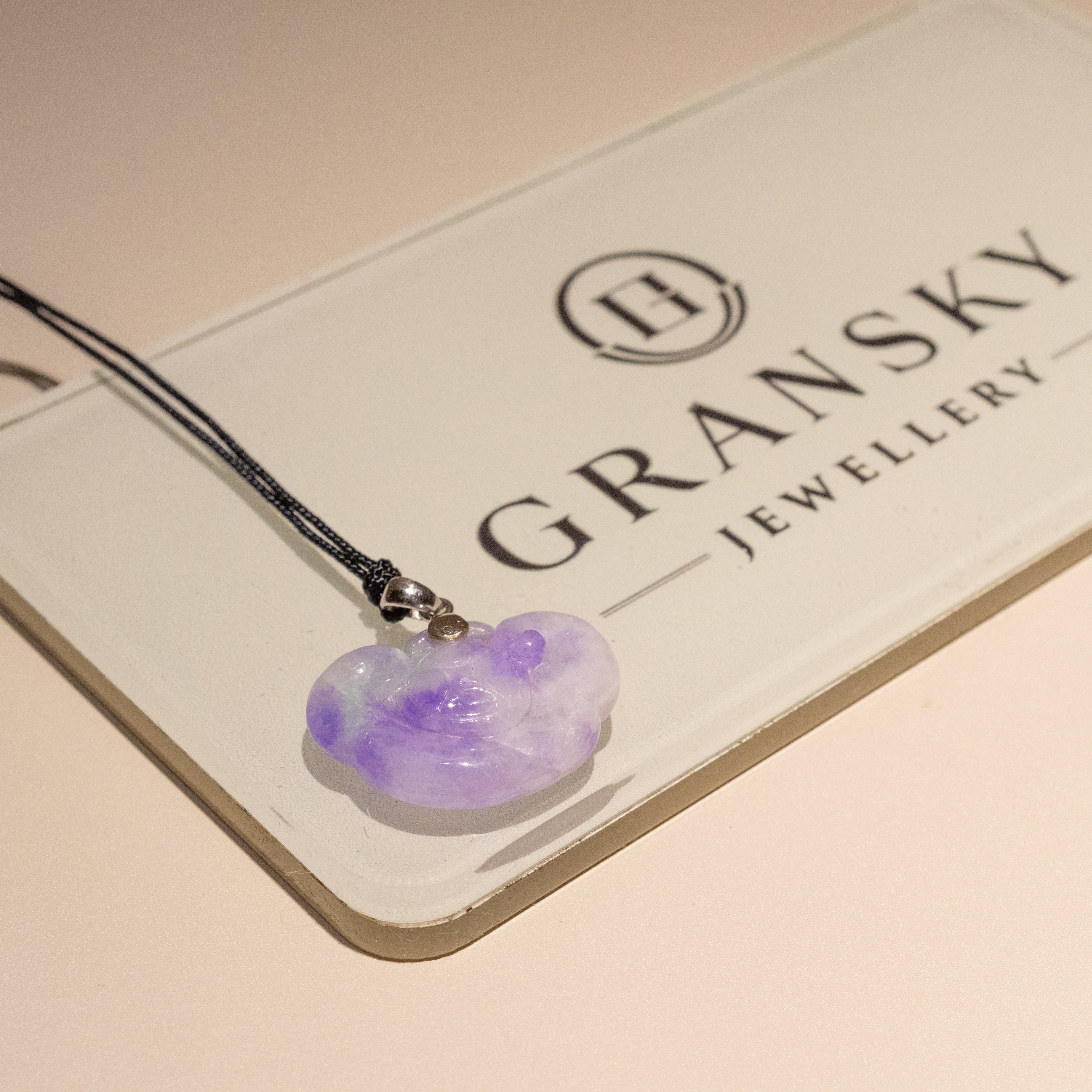 Handmade Carved Burmese Purple Ruyi Jade Pendant 18k Gold Bail