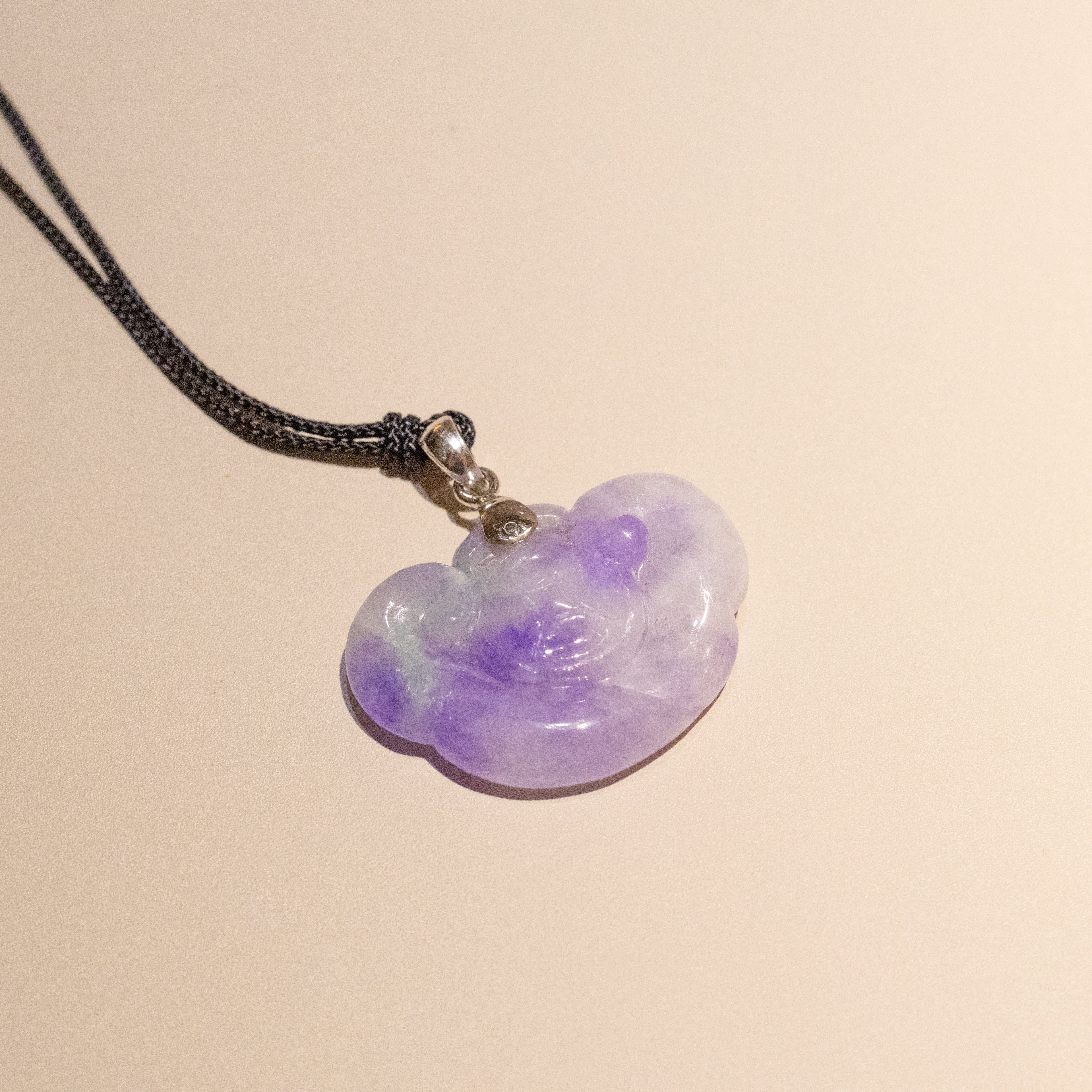 Handmade Carved Burmese Purple Ruyi Jade Pendant 18k Gold Bail