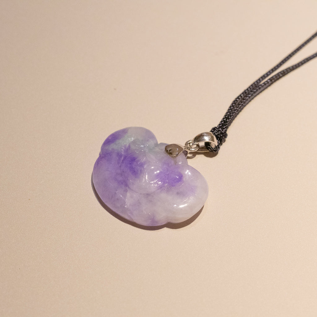 Handmade Carved Burmese Purple Ruyi Jade Pendant 18k Gold Bail