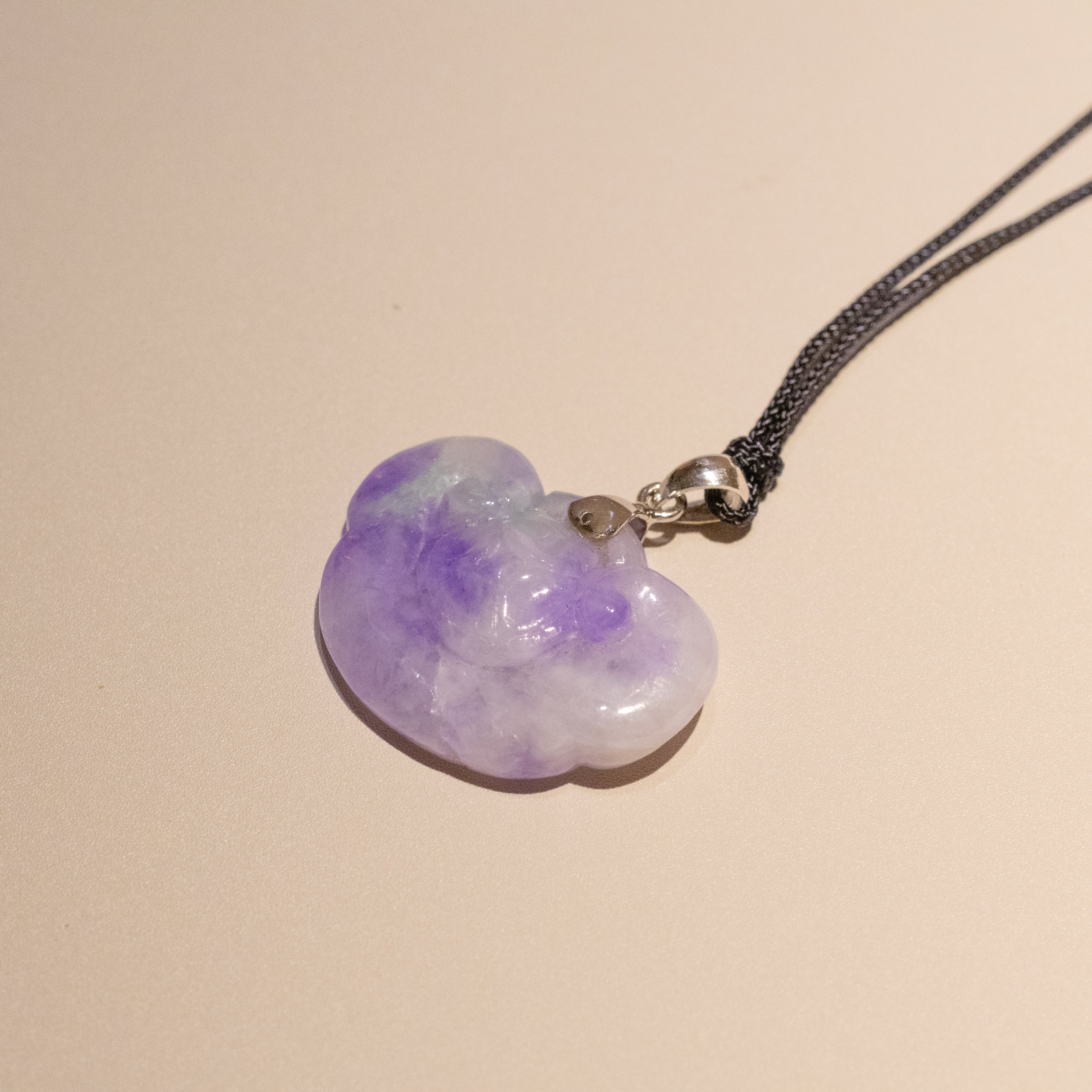 Handmade Carved Burmese Purple Ruyi Jade Pendant 18k Gold Bail