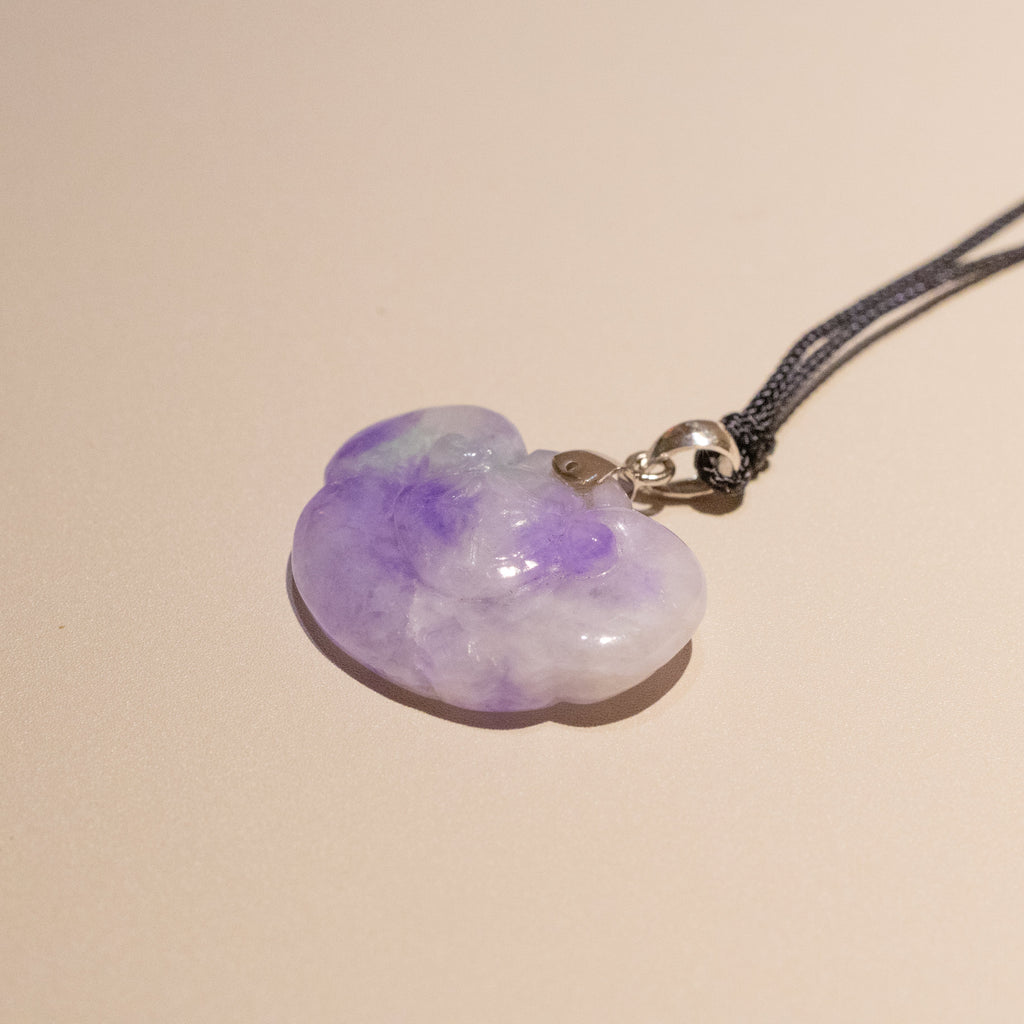 Handmade Carved Burmese Purple Ruyi Jade Pendant 18k Gold Bail