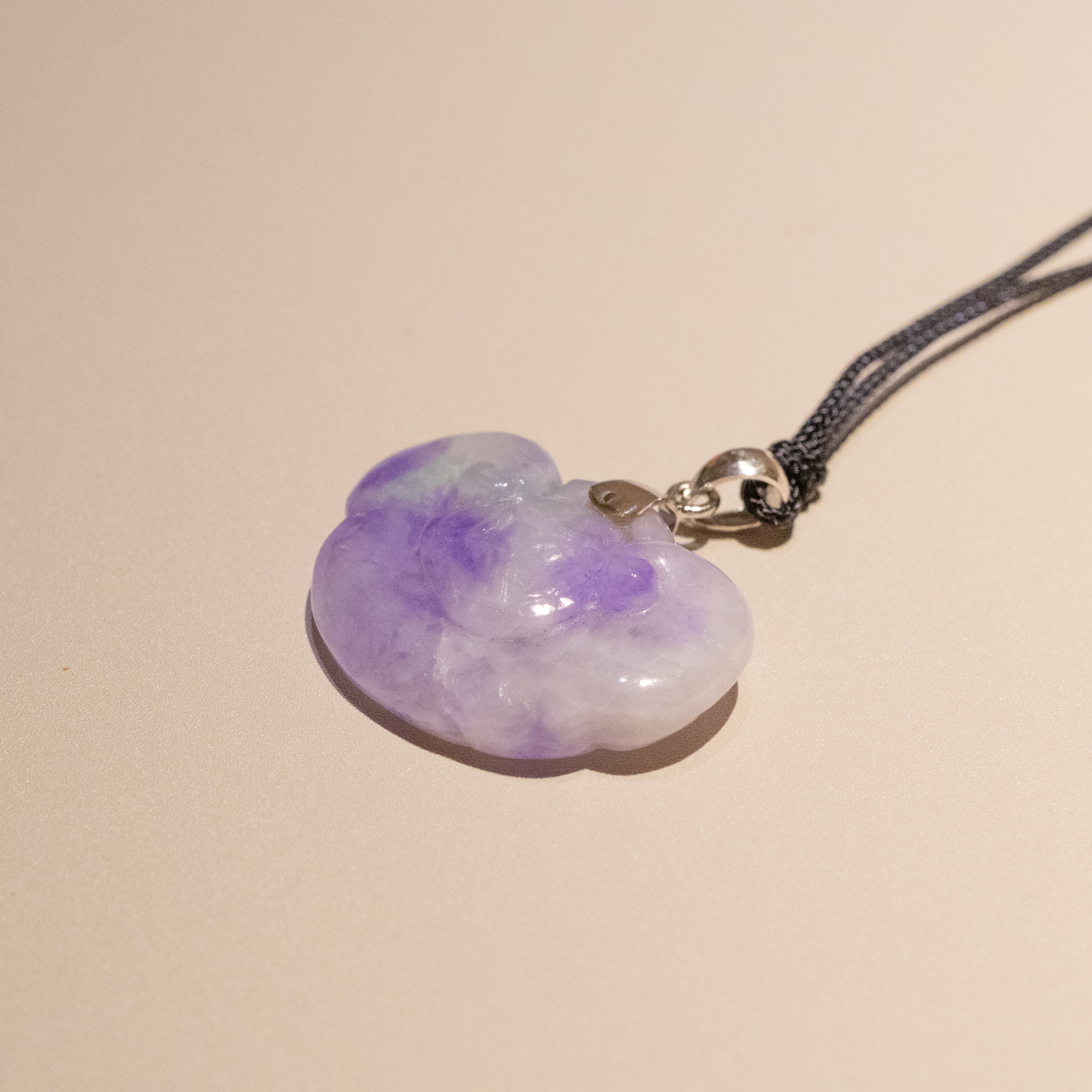 Handmade Carved Burmese Purple Ruyi Jade Pendant 18k Gold Bail