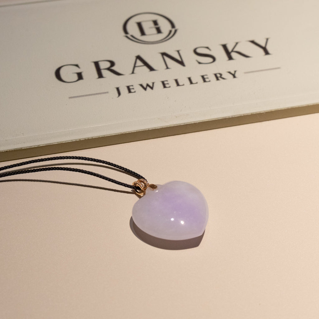 Heart Shape Purple Jade Pendant Necklace 18k Gold Bail & Diamonds