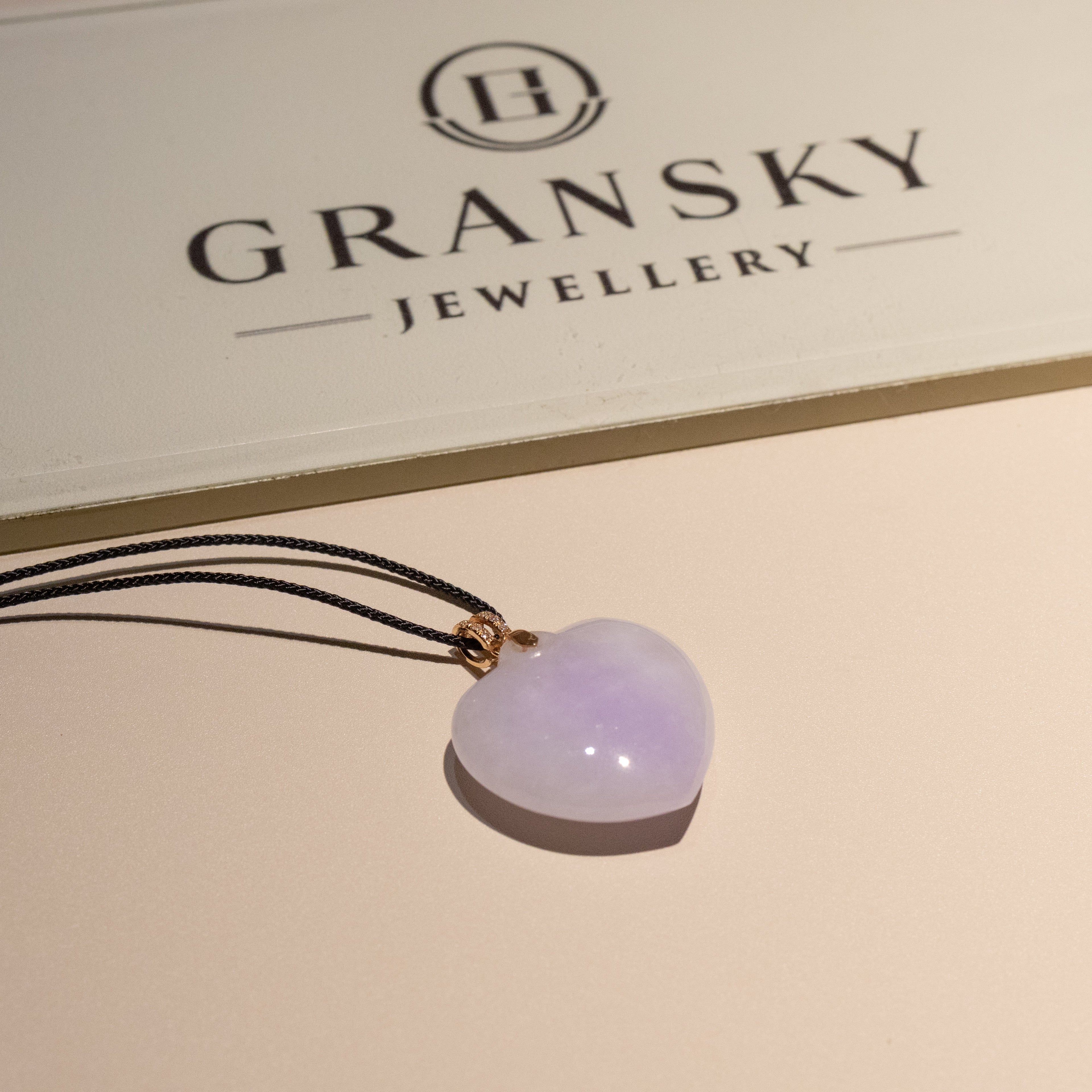 Heart Shape Purple Jade Pendant Necklace 18k Gold Bail & Diamonds