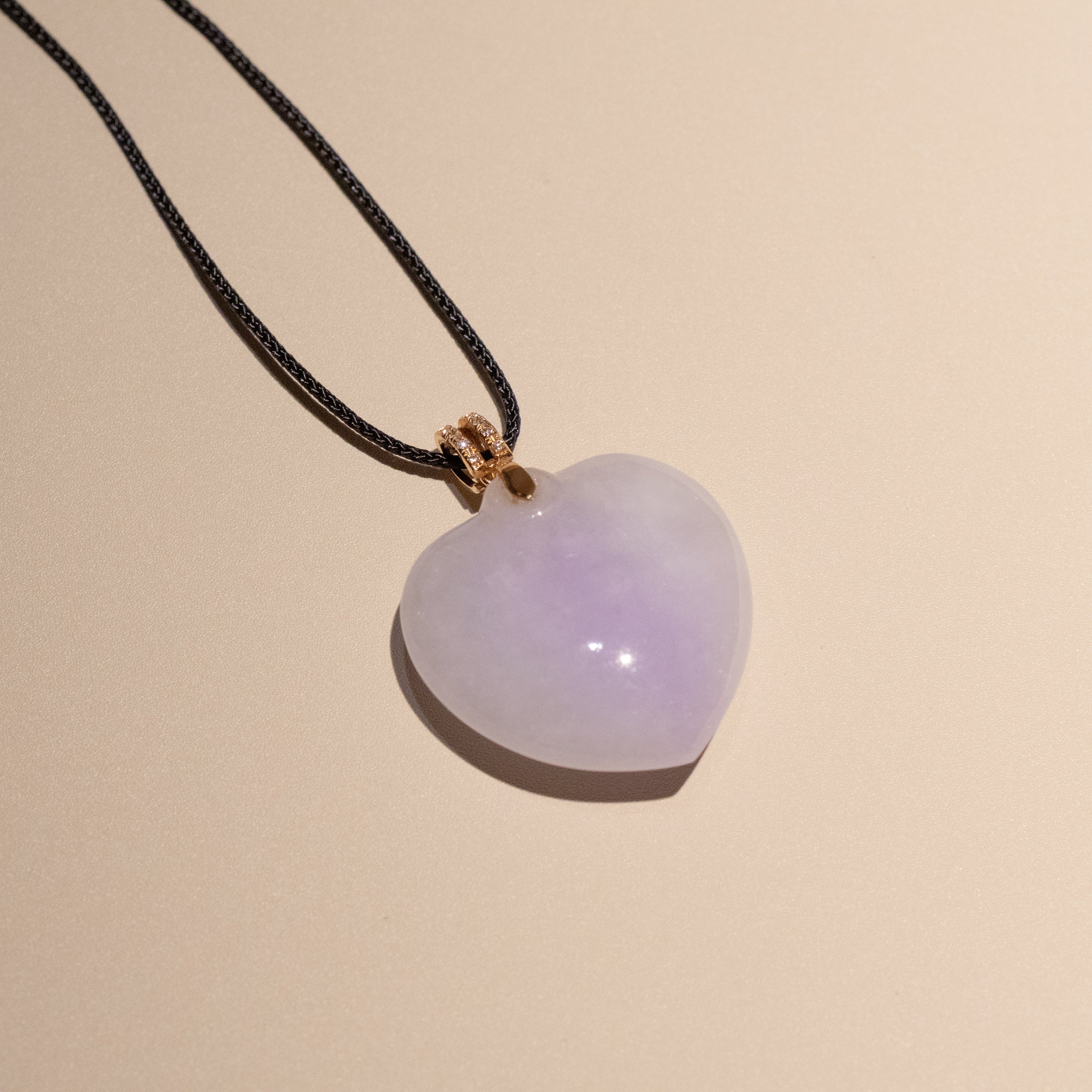 Heart Shape Purple Jade Pendant Necklace 18k Gold Bail & Diamonds