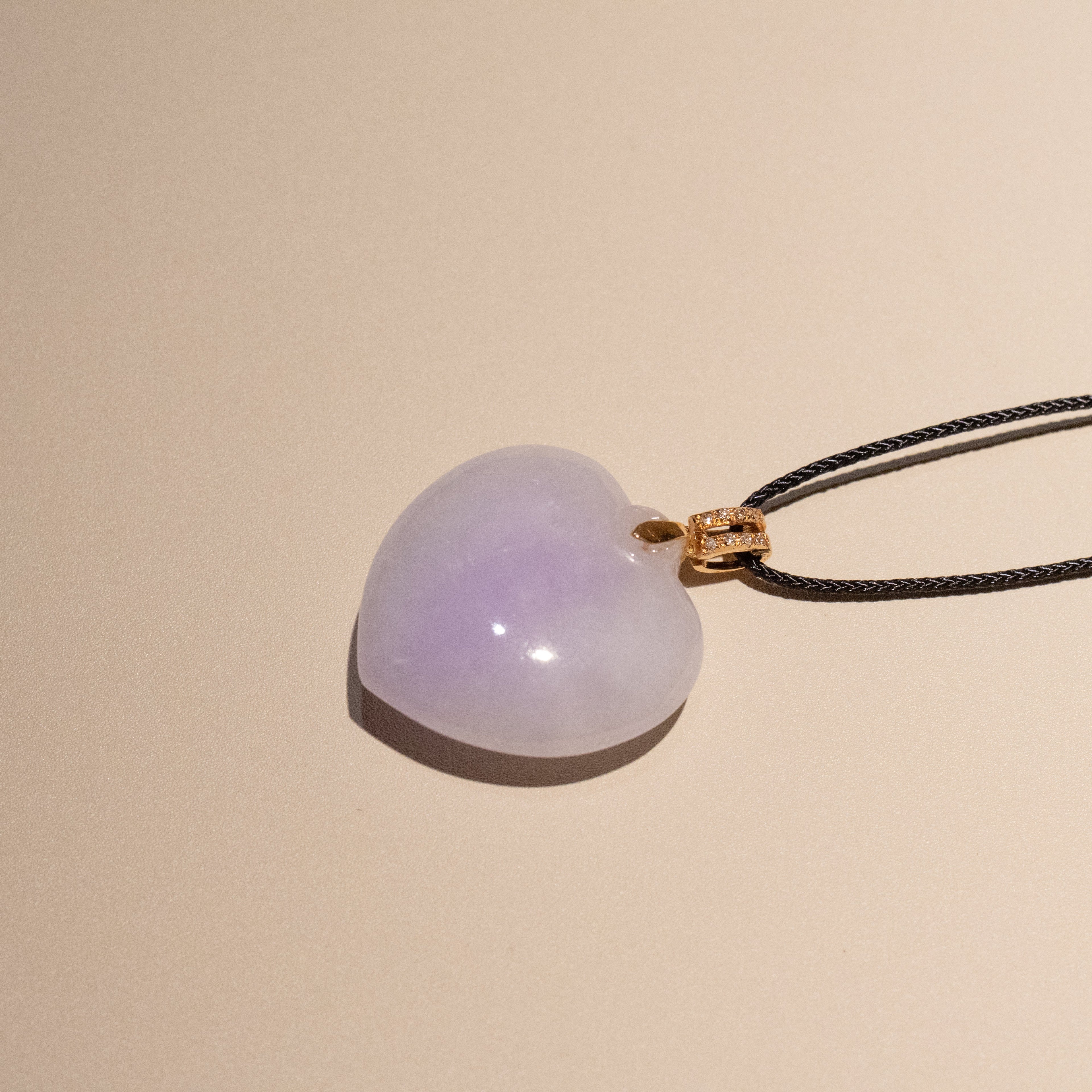 Heart Shape Purple Jade Pendant Necklace 18k Gold Bail & Diamonds