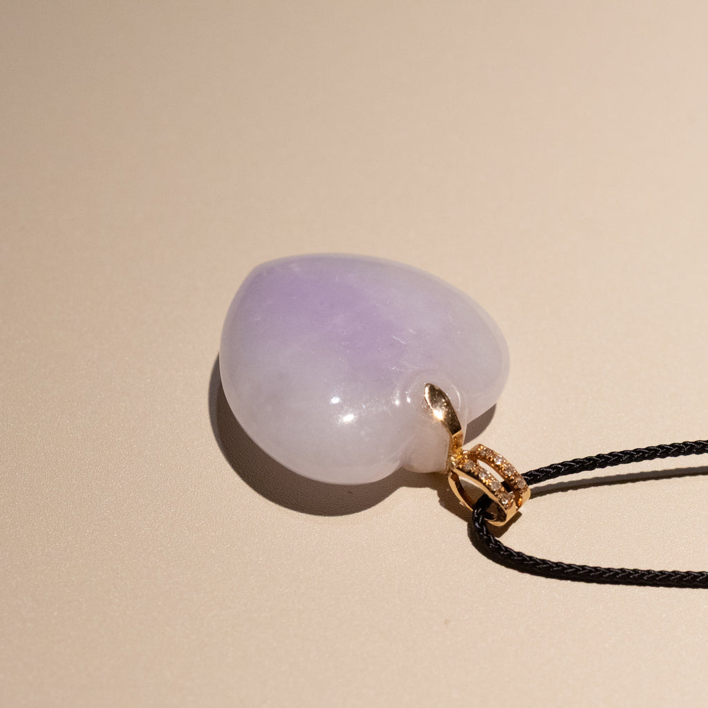 Heart Shape Purple Jade Pendant Necklace 18k Gold Bail & Diamonds