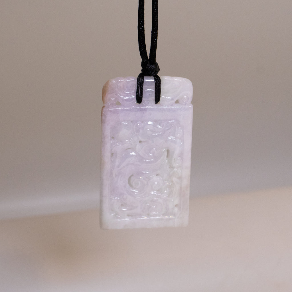 Purple Jade Carved Dragon Rectangular Pendant - Natural Type-A Jade