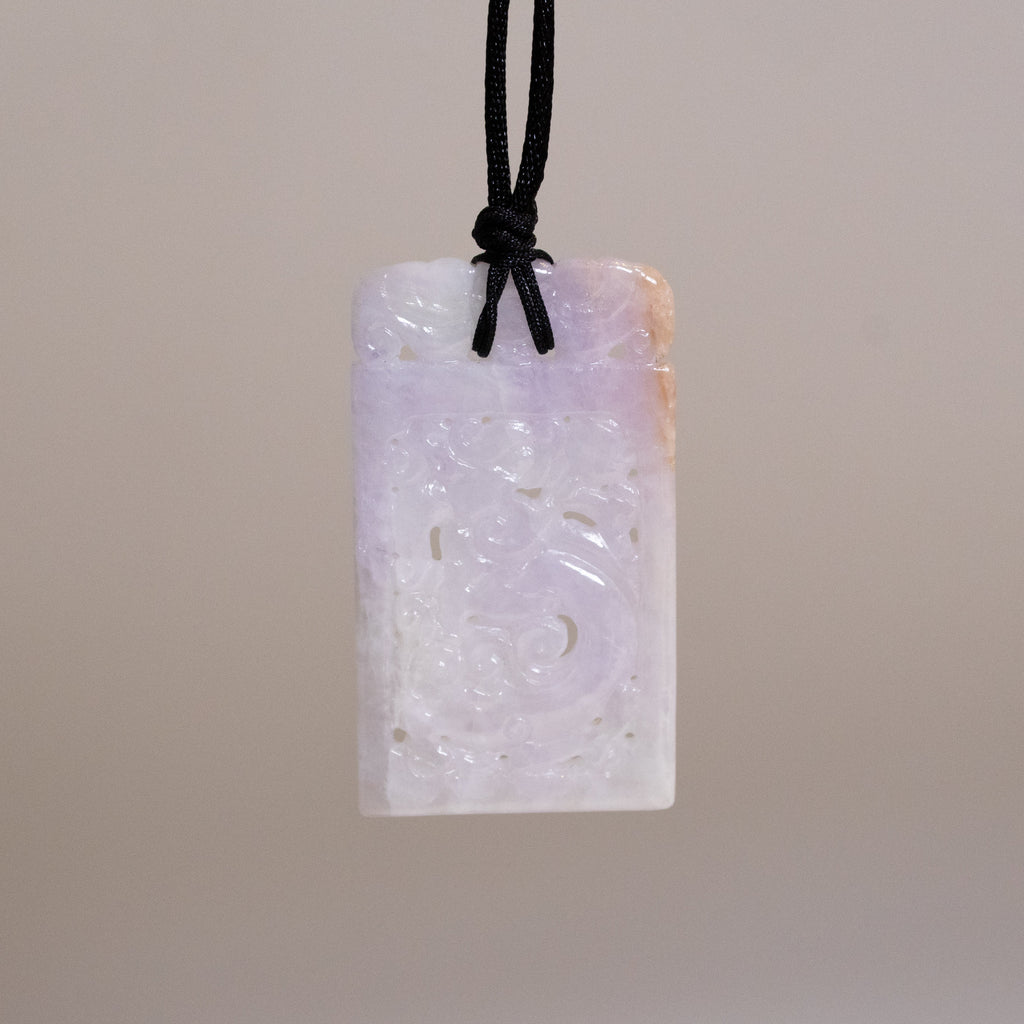 Purple Jade Carved Dragon Rectangular Pendant - Natural Type-A Jade