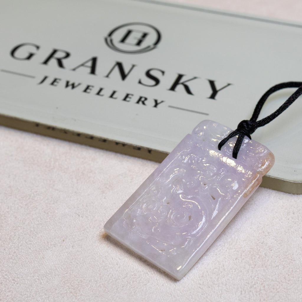 Purple Jade Carved Dragon Rectangular Pendant - Natural Type-A Jade
