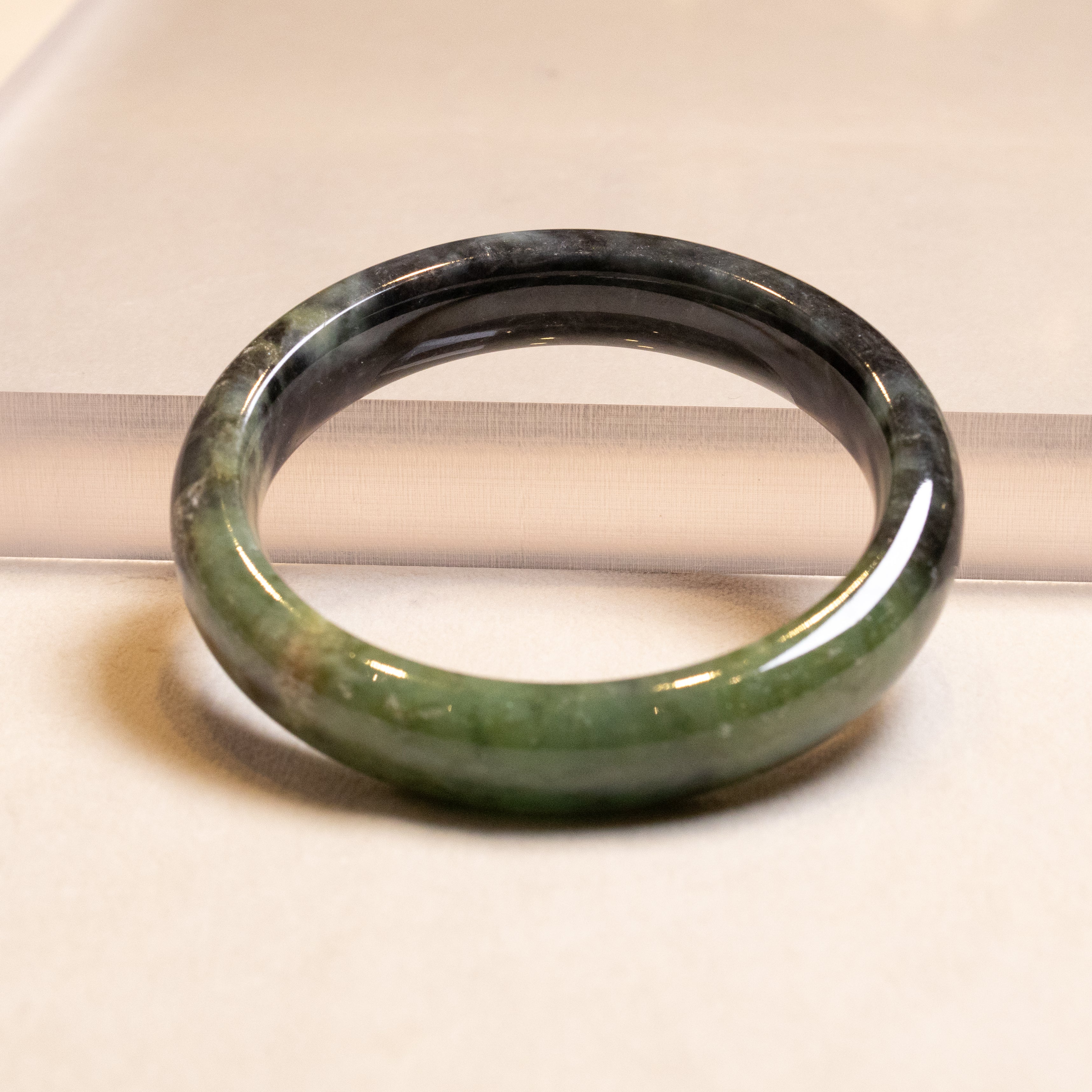 58-60mm Green and Black Jadeite Flat Bangle Bracelet