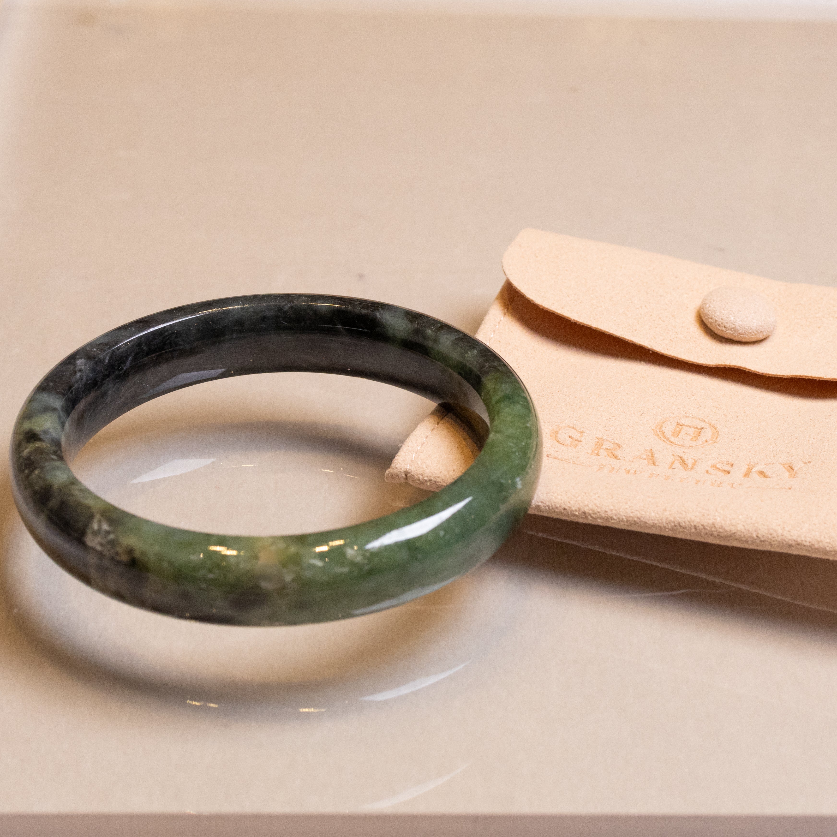 58-60mm Green and Black Jadeite Flat Bangle Bracelet
