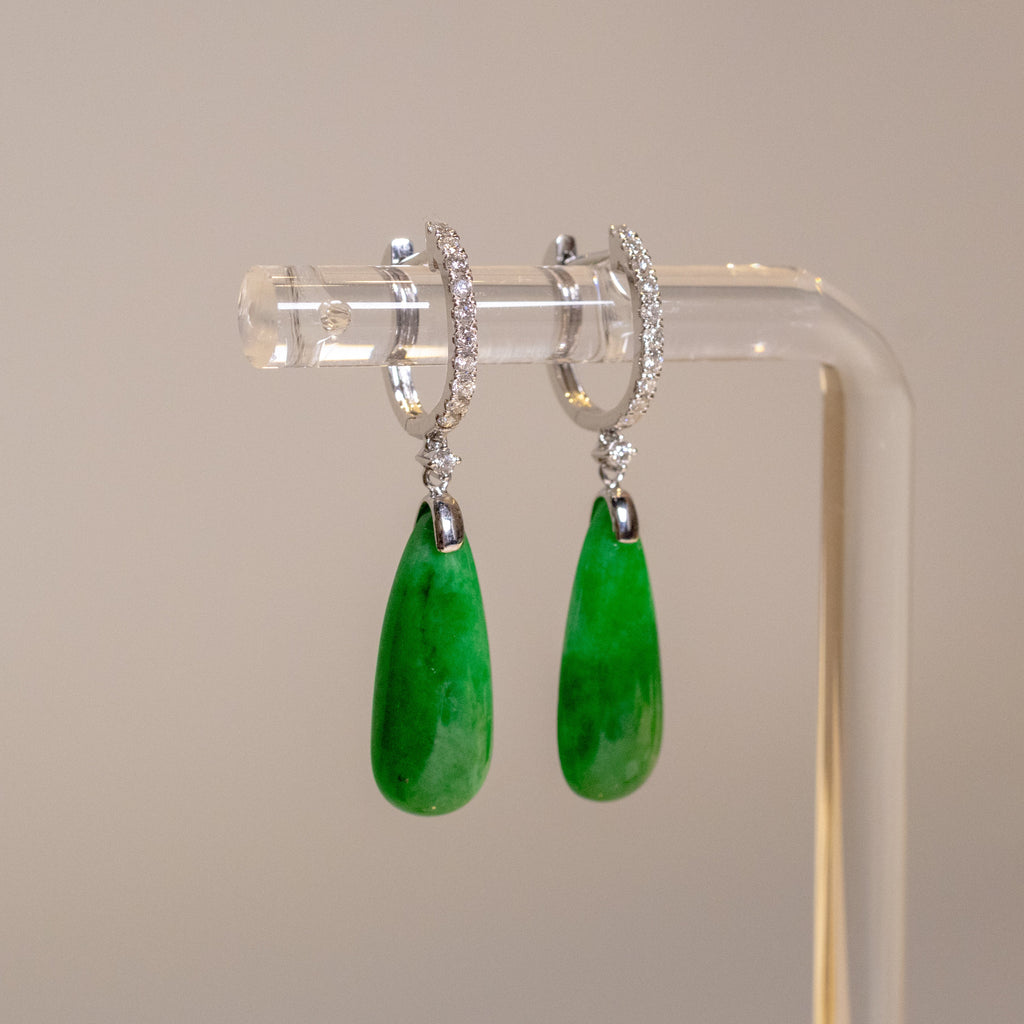 Gransky 18K White Gold and Diamonds Green Jade Drop Earrings
