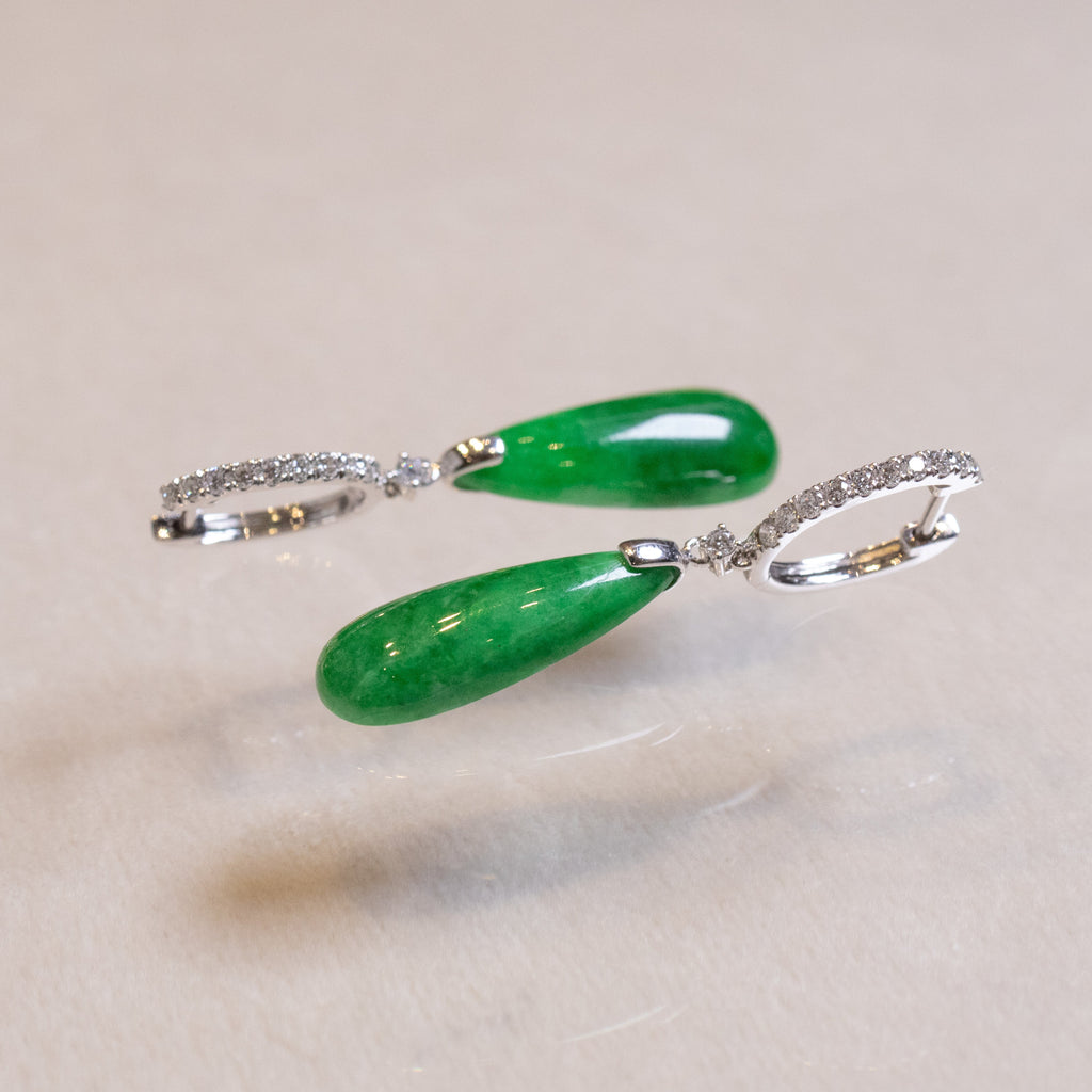 Gransky 18K White Gold and Diamonds Green Jade Drop Earrings